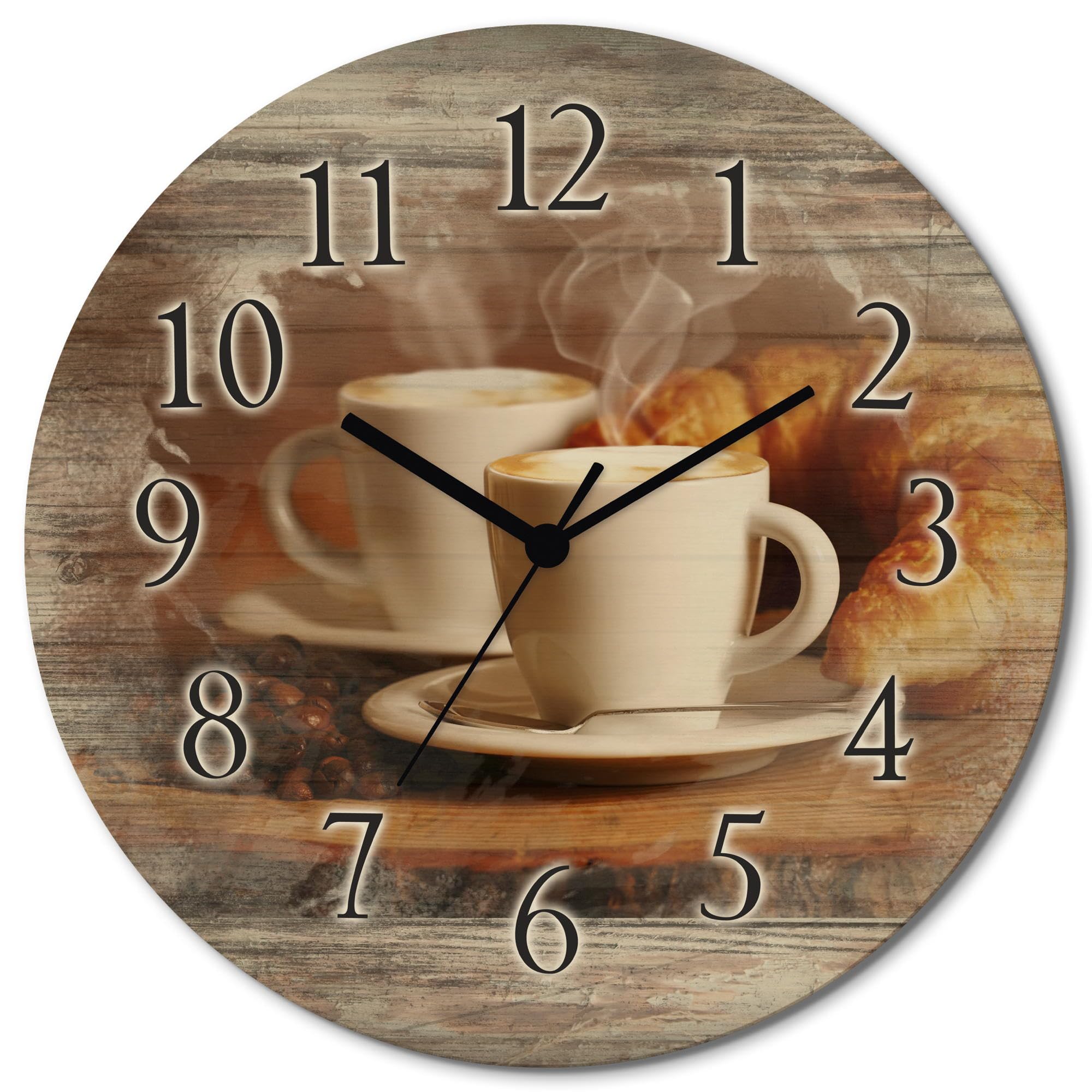 ARTLAND Wanddeko Wanduhr Holz Funkuhr ohne Tickgeräusche lautlos rund Ø 30 cm Küchenuhr Kaffee Cappuccino Croissant T5XO