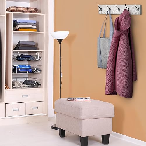 Miniatura 5 de Perchero rústico para montaje en pared, de 16 pulgadas de agujero a agujero, de madera maciza de pino blanco, colgador de pared con 5 ganchos