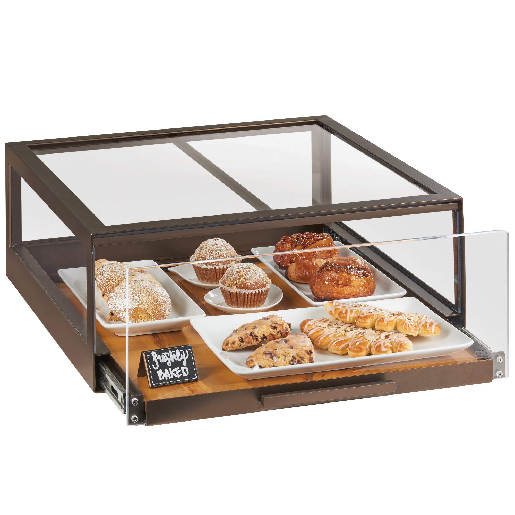 Sierra Collection – Pastry Drawer – 22.5W x 14.5D x 7.5H – Reclaimed Wood, Bronze-Painted Metal, Acrylic