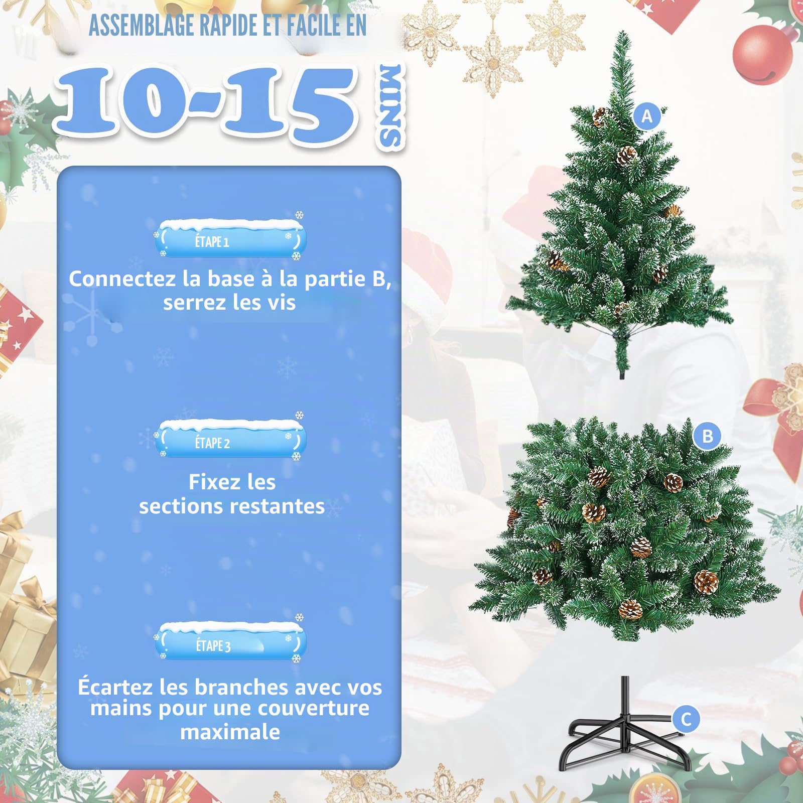 Sapin de Noël Lumineux 150 cm, Pommes de pin et 367 Branches, Sapin Artificiel en PVC avec Guirlande Lumineuse, 8 Fonctions Lumineuses, Support métallique, pour l'intérieur et l'extérieur