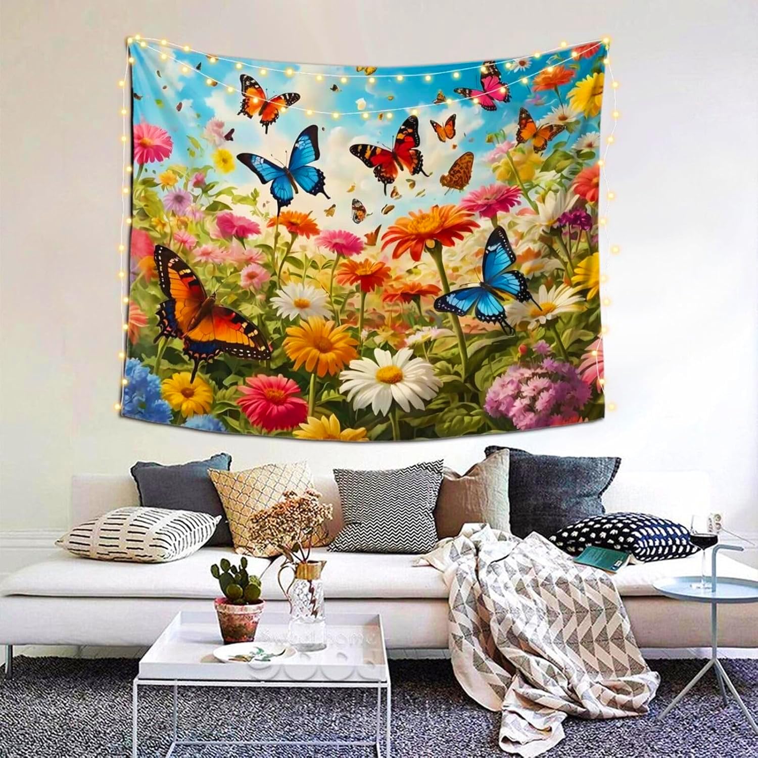 BOXIMIAO Tapestry spring bright flower colorful butterfly Tapestry Wall Hanging Home Decorations Wall Blanket Decor for Living Room Bedroom Dorm,