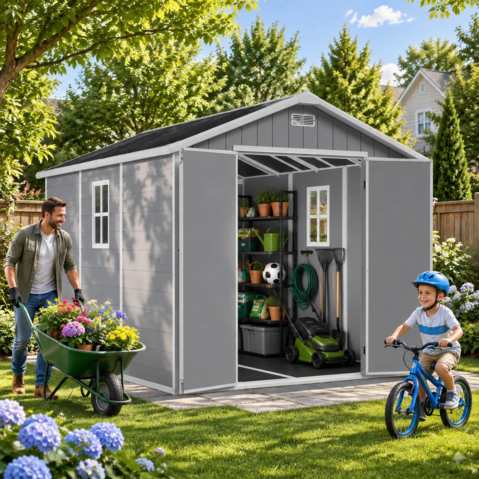 AOXUN 8x10 FT Resin Outdoor Storage Shed with Floor, Light Grey
