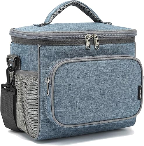 FlowFlyLonchera grande reutilizable con aislante para mujereshombres, con correa ajustable para el hombro, bolsillo frontal con cierre y bolsillos