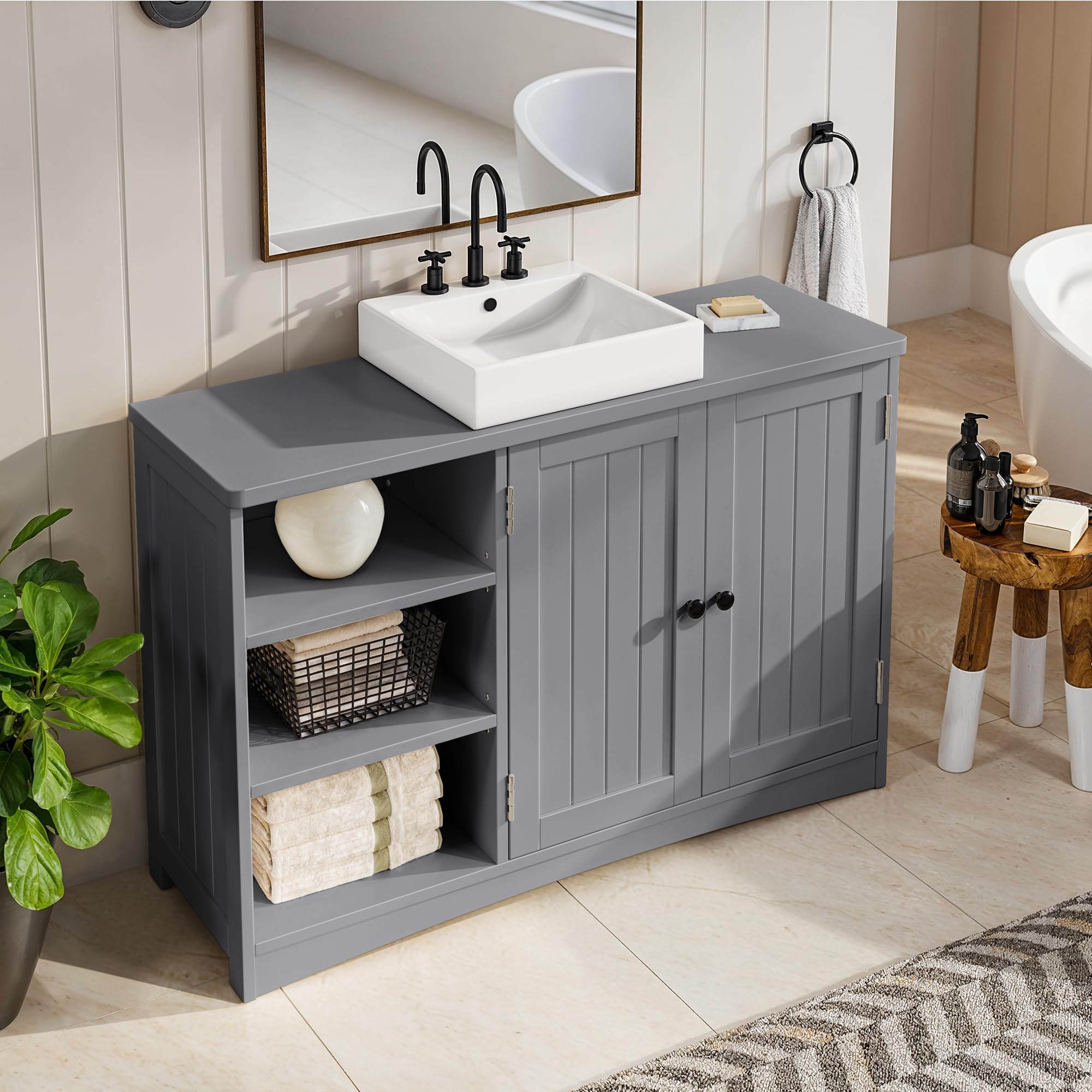 Bealife Waschbeckenunterschrank, Badezimmerschrank 90 x 30 x 60 cm, mit 2 Türen, 5 Fächern und höhenverstellbarem Einlegeboden in 3 Stufen, Magnetverschluss, viel Stauraum, wasserabweisend (Grau)