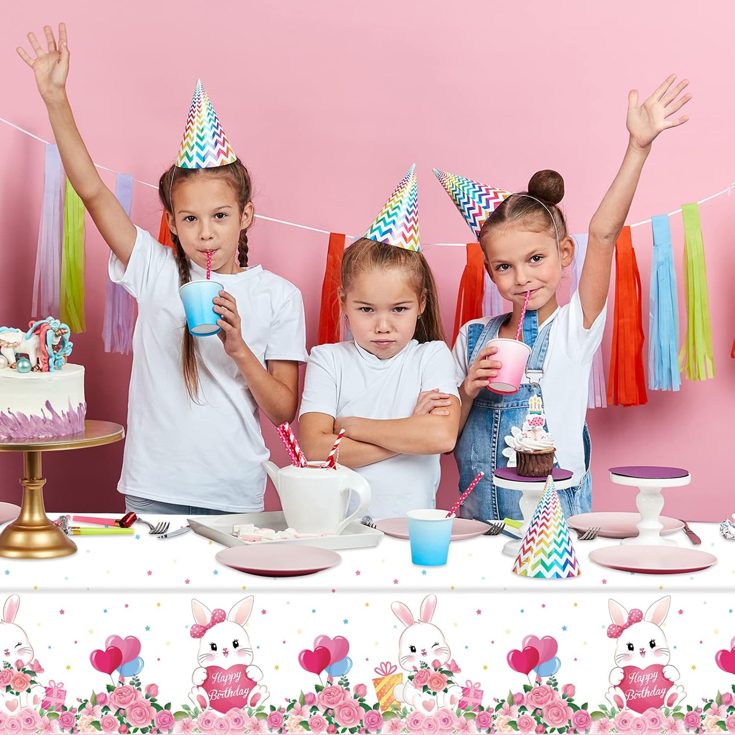Jecery 3 Pack Bunny Birthday Party Decorations Tablecloth Rabbit Plastic Table Covers Spring Floral Pastel Bunny Party Decoration for Girls Birthday Easter Baby Shower Supplies Gifts