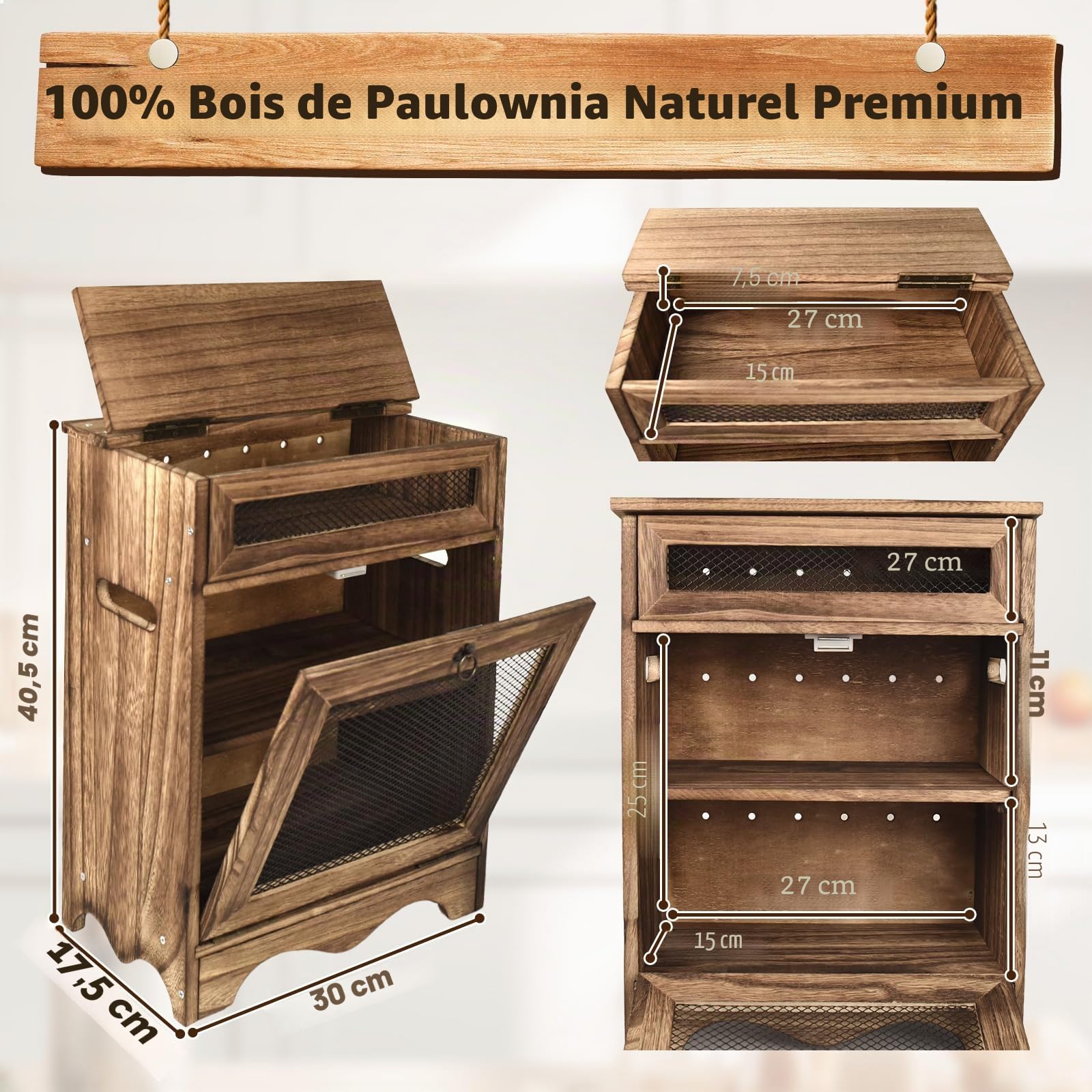 Boîte de rangement en bois, armoire de comptoir pour fruits et légumes, boîtes à pain en bois, rangement de pommes de terre, oignons et tomates, station de café, 30 x 17 x 40 cm, couleur