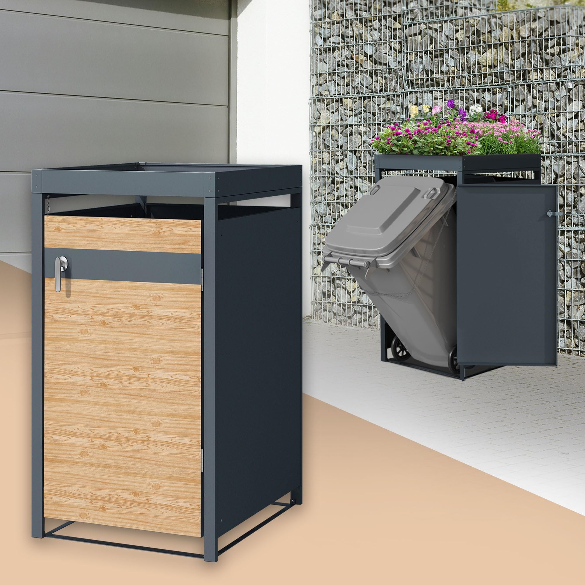 ML-Design Box pour 1 Poubelle avec Toit Végétal, jusqu'à 240L, 68x80x124 cm, en Acier, Anthracite/Aspect Mélèze, Résistant aux Intempéries, Habillage de Poubelle Verrouillable, Conteneur Abri Hangar