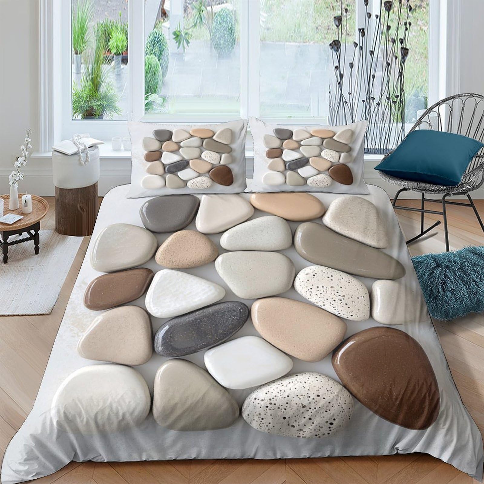 GPLZQXKJNH 3D Printed Stone Pattern Duvet Cover Set Microfiber Soft Neutral Pebble Bedding with 2 Pillowcases for Bedroom Decor Single（135x200cm）
