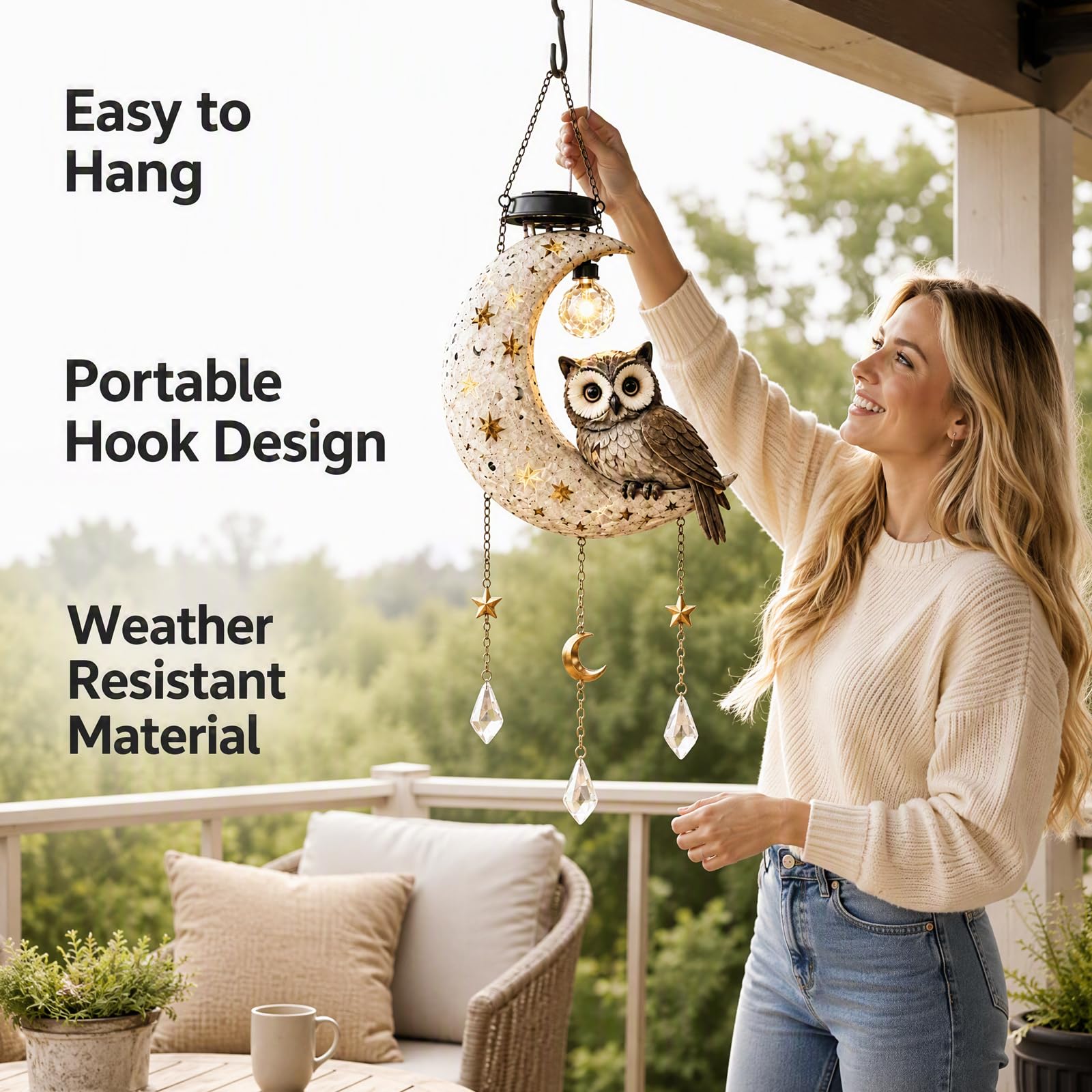 Lampada da esterno in ferro a forma di gatto con luna, solare, appendibile