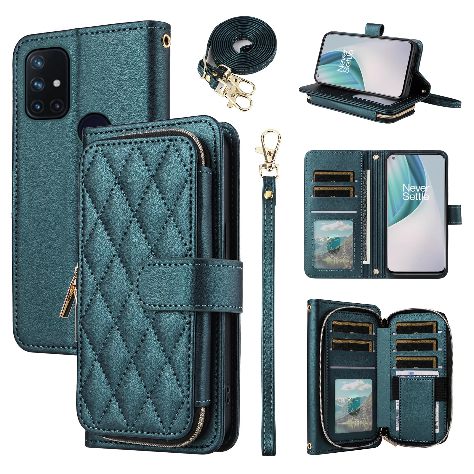 Furiet Argyle Wallet Case for OnePlus Nord N10 5G with Wrist Strap Shoulder Strap, 9+ Card Slot Zipper Purse Stand Checkered Phone Cover for One Plus