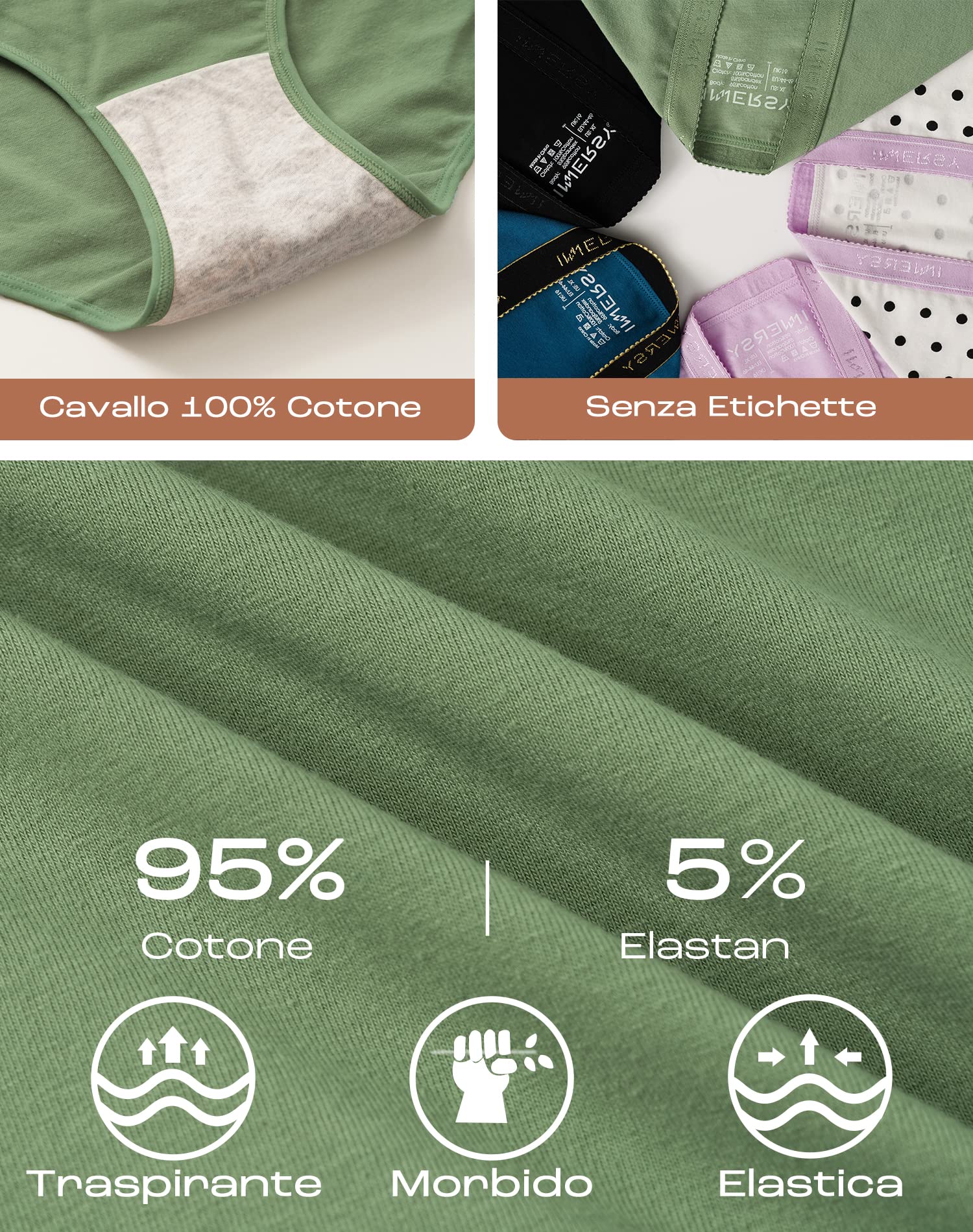 INNERSY Mutande Donna Cotone Taglie Forti Slip Vita Alta Mutandine Culotte 40-62 (M-5XL) Pacco da 5