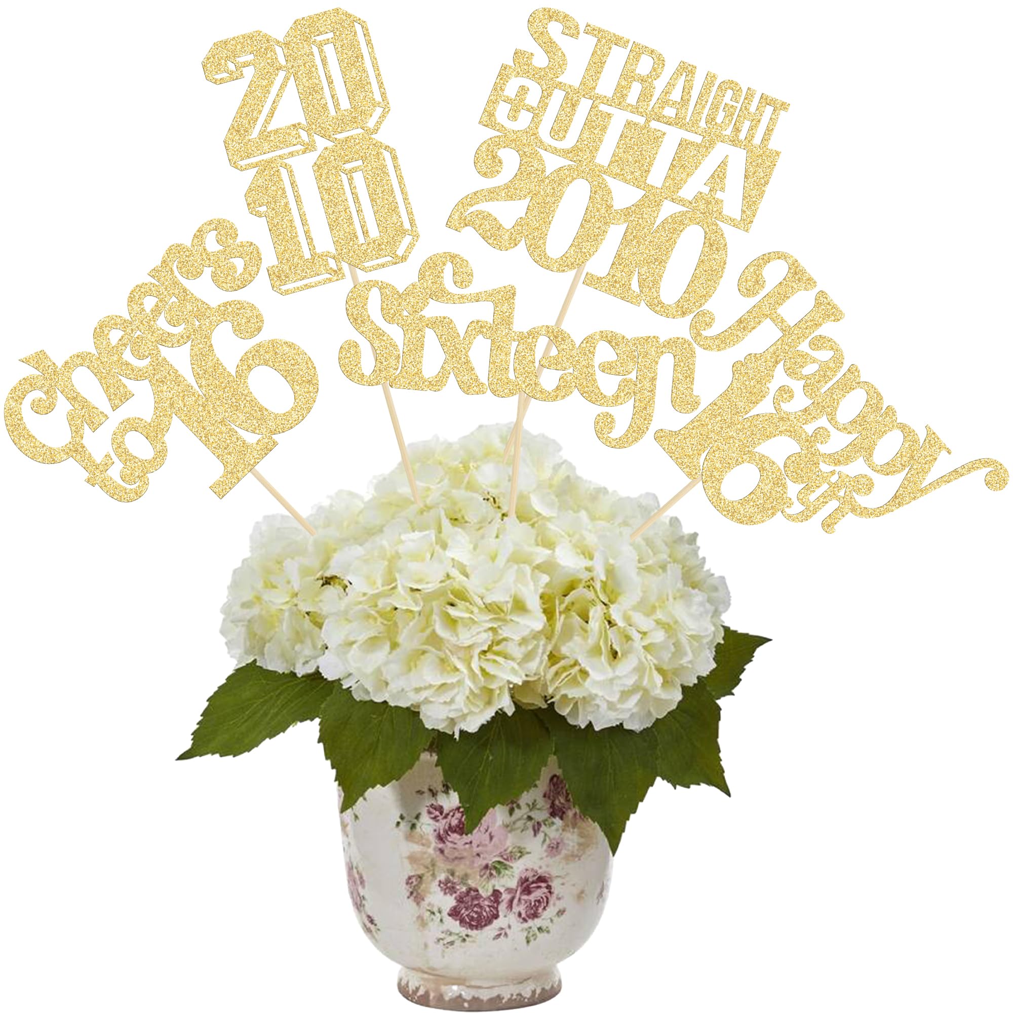 Gyufise 15Pcs Happy 16th Birthday Centerpiece Sticks Sixteen Straight Outta 2010 Table Flower Centerpieces Sticks for Cheers to 16th Birthday Party Supplies Gold