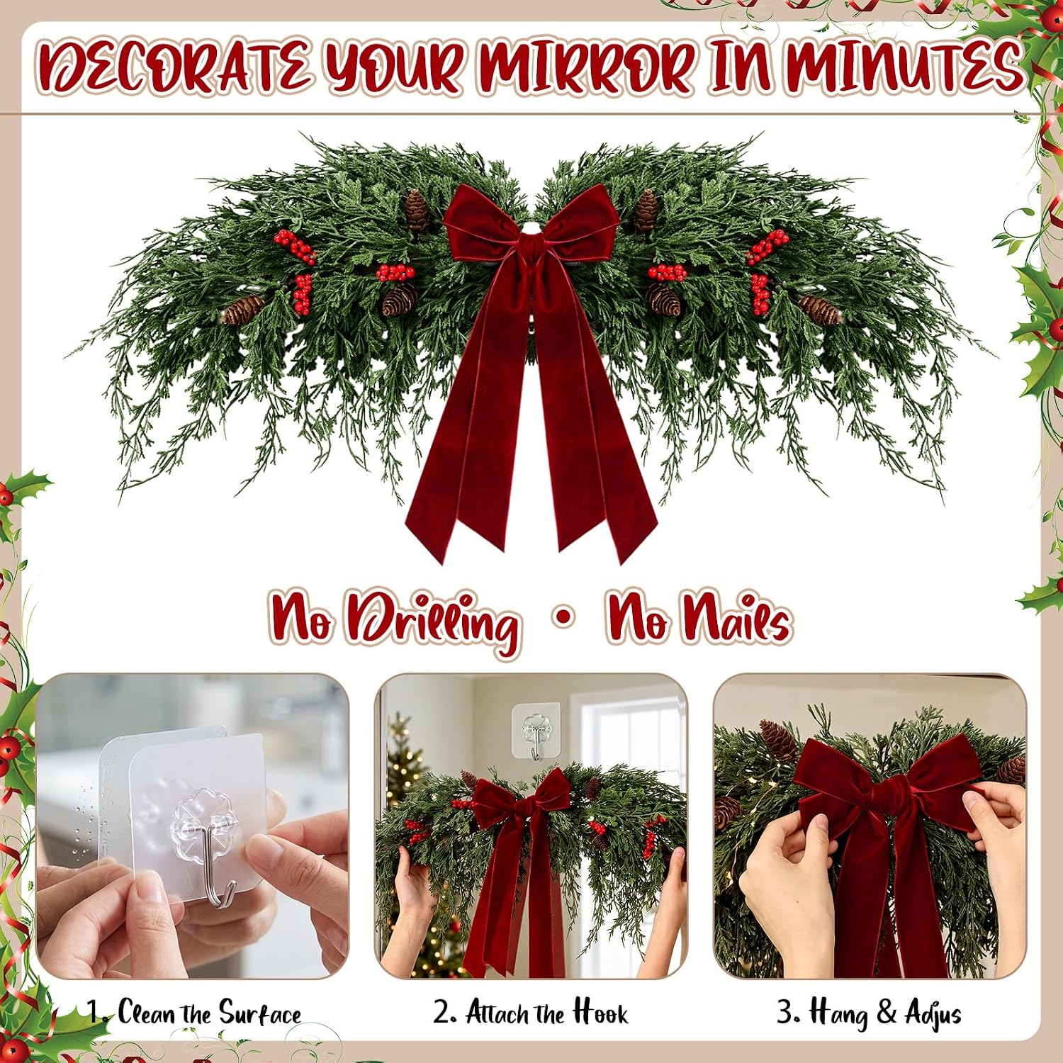 2.3ft Christmas Mirror Garland Artificial Norfolk Pine Swag Decor