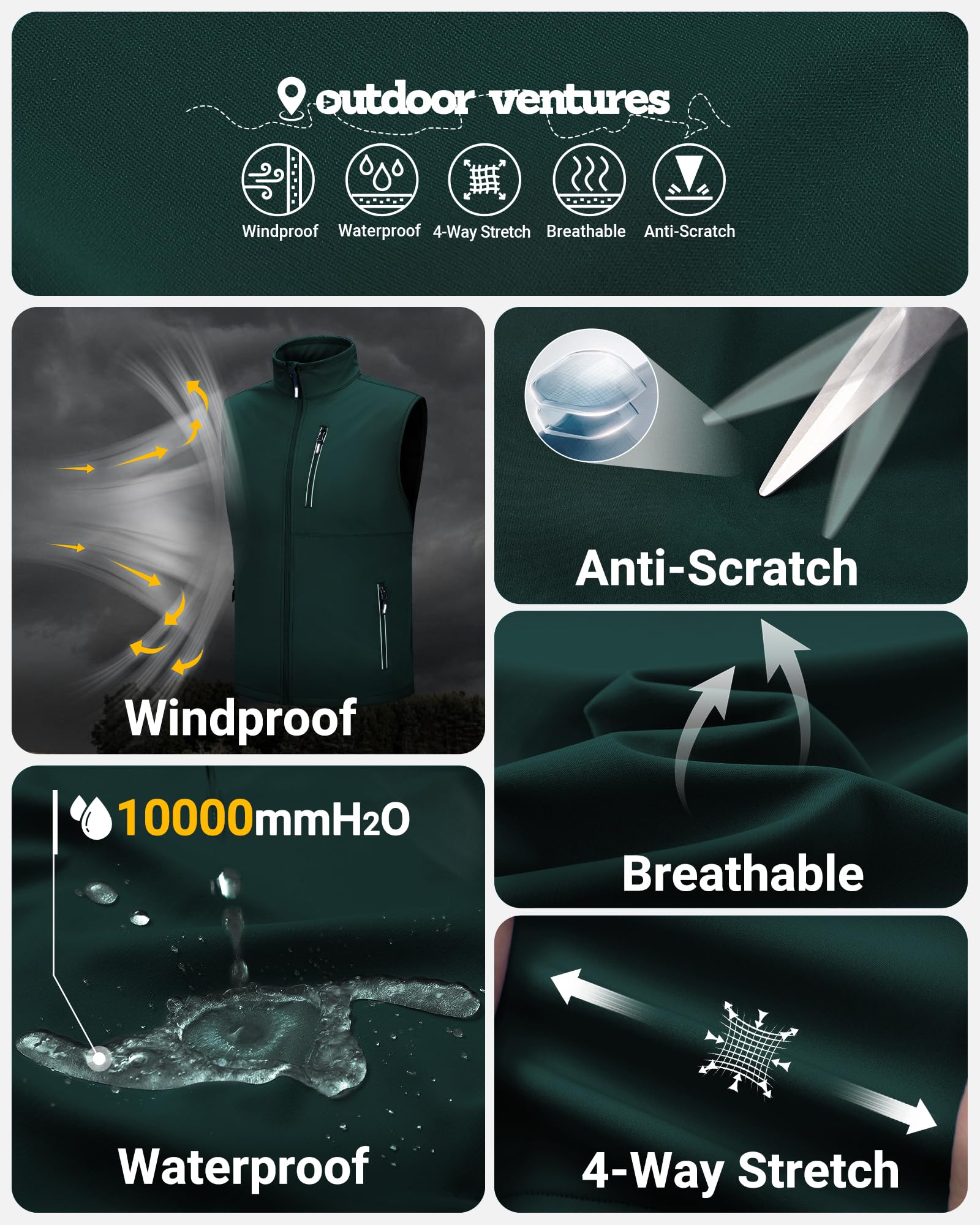 Outdoor Ventures Gilet softshell pour homme - Veste de cyclisme imperméable coupe-vent sans manches - Fermeture éclair intégrale - Respirant