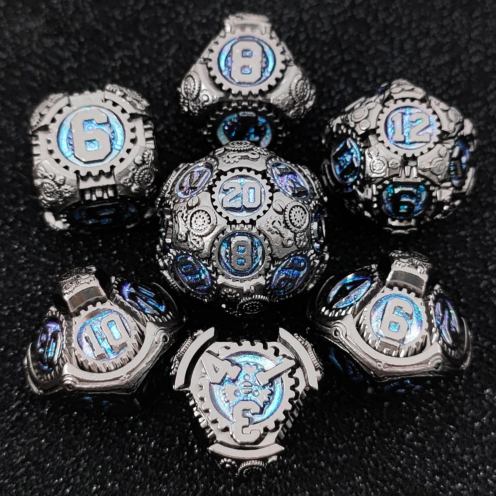 Geakeeper Construct D&D Lot de 7 dés DND en métal, dés D&D polyédriques métalliques avec étui cadeau pour jeux de rôle Donjons et Dragons, jeu de rôle (bleu roulant)