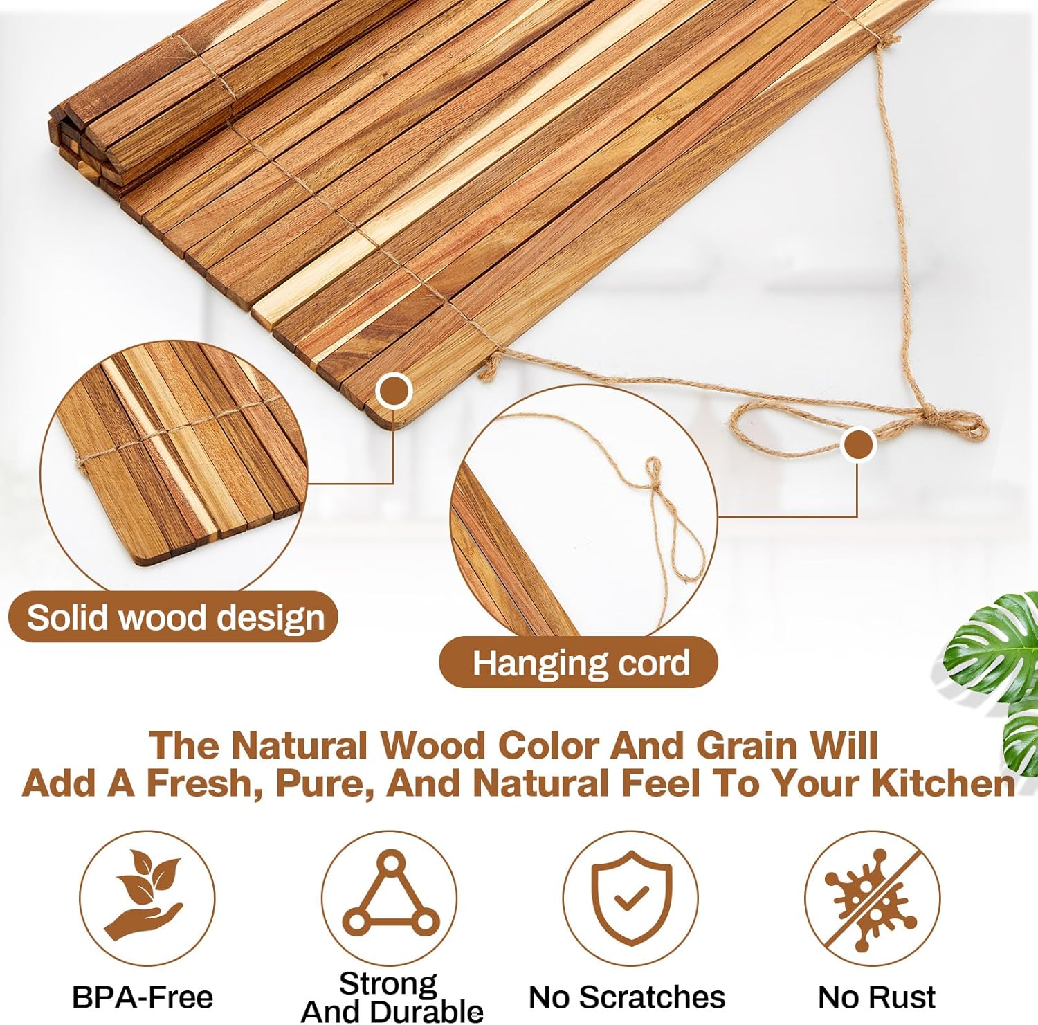 Maxdot Wooden Dish Drying Rack, 20.5 x 16 Inch Roll up Kitchen Over Sink Dish Drying Rack for Dishes, Plates, Bowls, Wooden Cover Counter Space, Crack Resistant Drainer, Kitchen Supplies