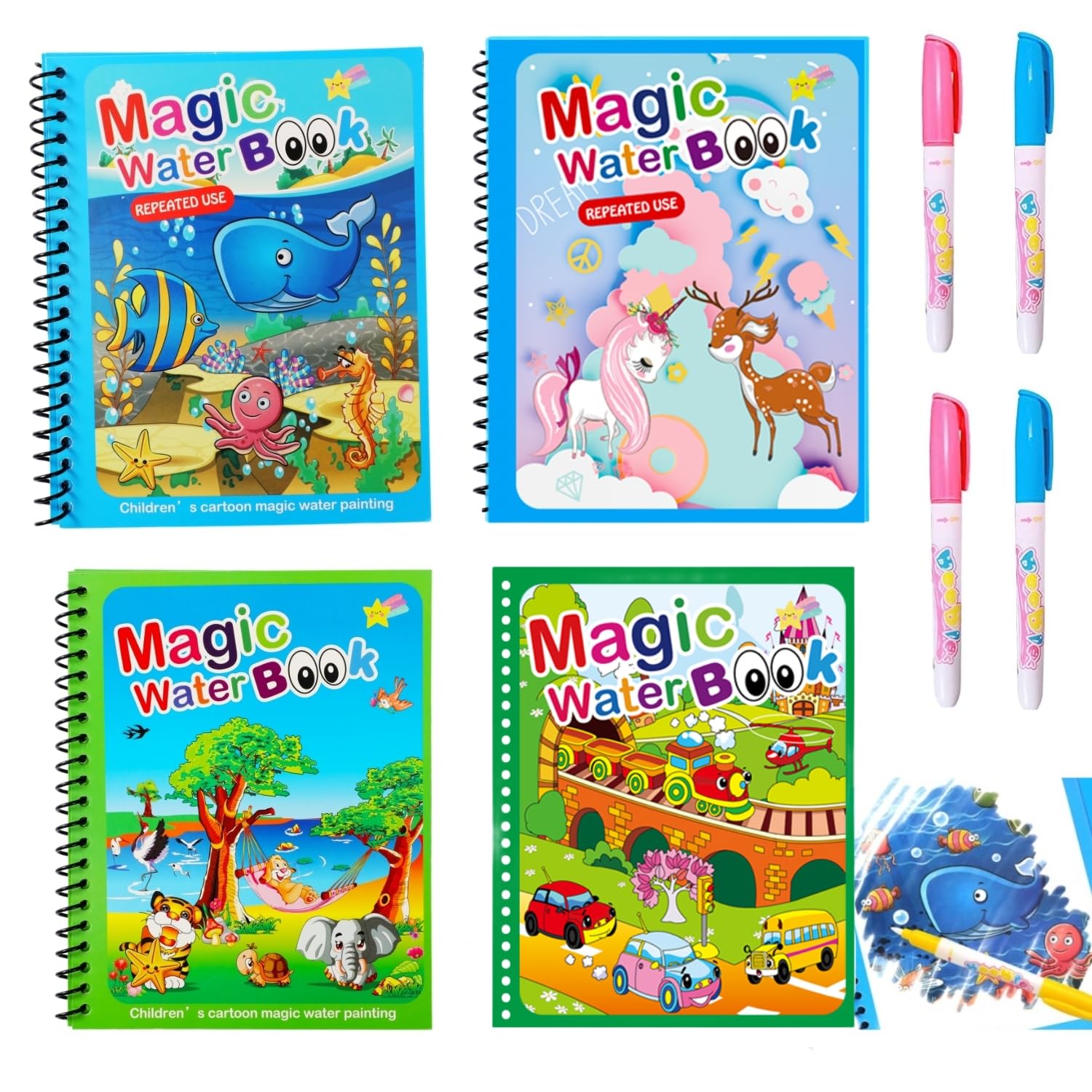 Dreamlizer 4 Pack Water Coloring Books for Toddlers, Magic Paint with Water Doodle Book Toys, Educational Learning Toy for Toddlers 3-5, Toys for 3 4 5 Year Old Boys Girls Gift