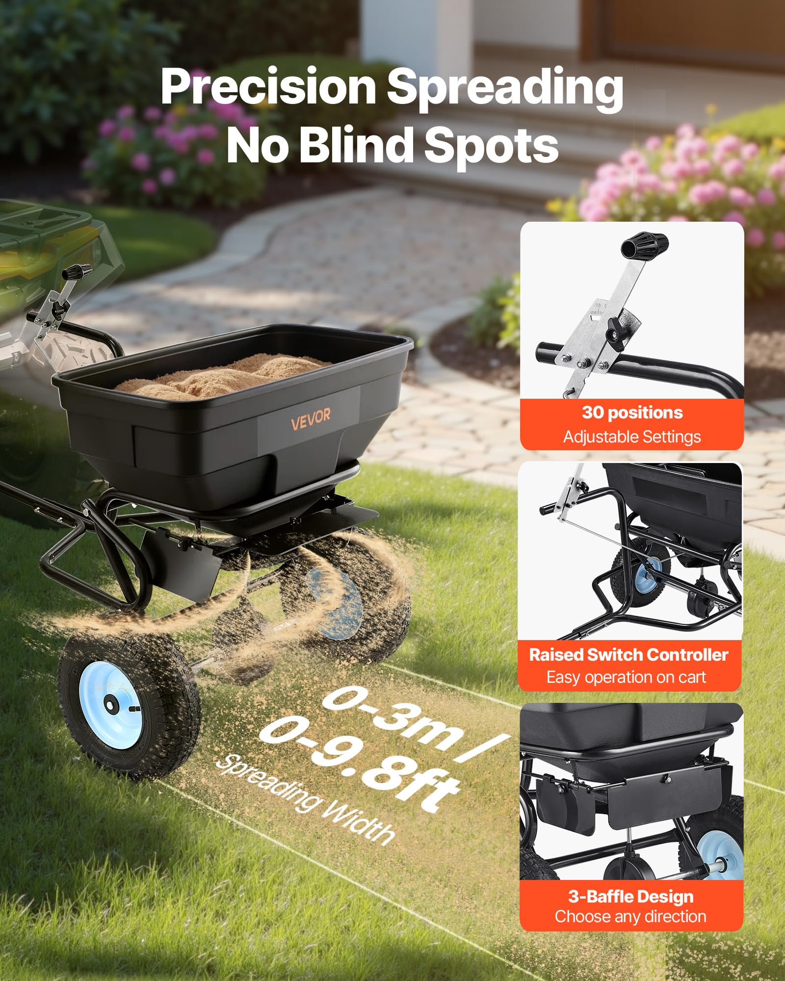 VEVOR Épandeur Engrais Tracté Capacité 59 kg Épandeur à Semence à Remorquer Largeur Épandage 0-3 m Semoir à Pousser pour Graines, Sel Déneigement, Semer Jardinage, Pelouse, Gazon, avec Roues 33 cm
