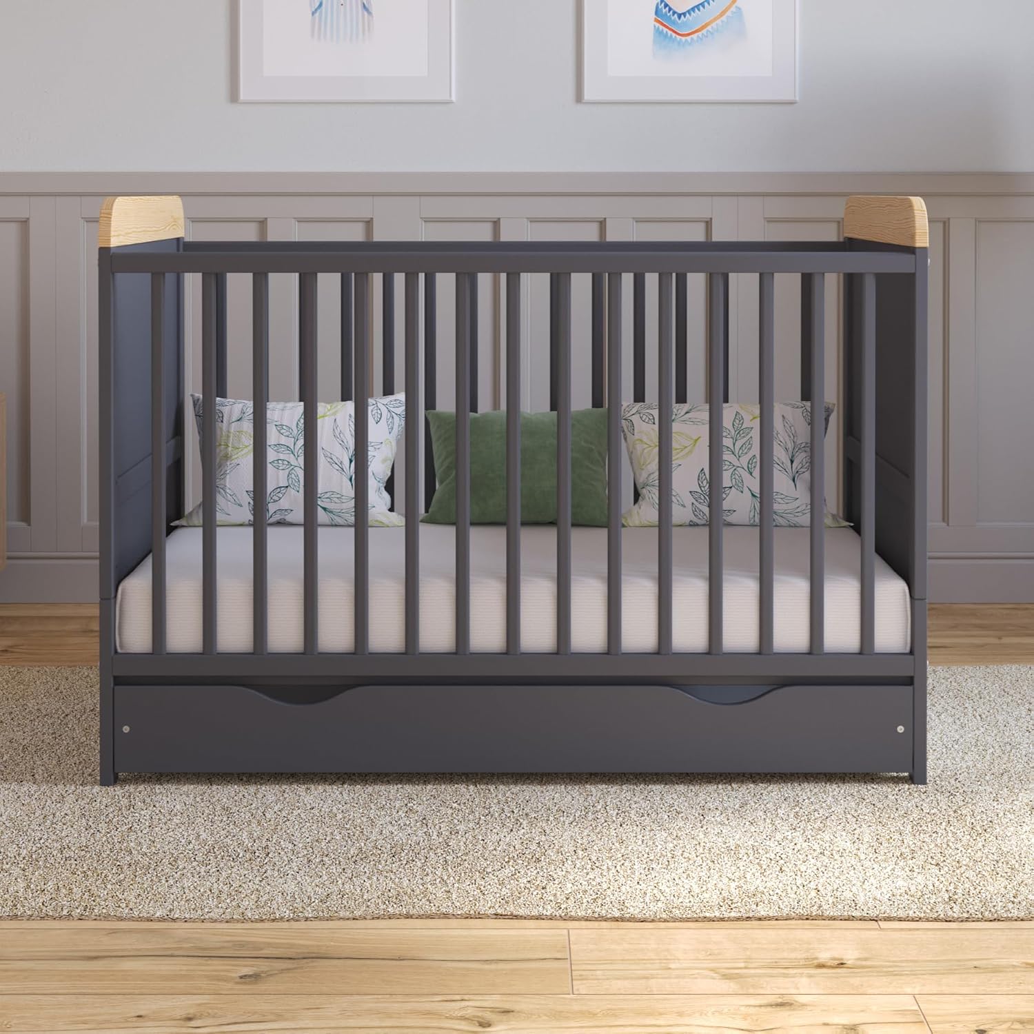 Love For Sleep LEVI Cot Bed with Drawer and Mattress, Anthracite/Pine