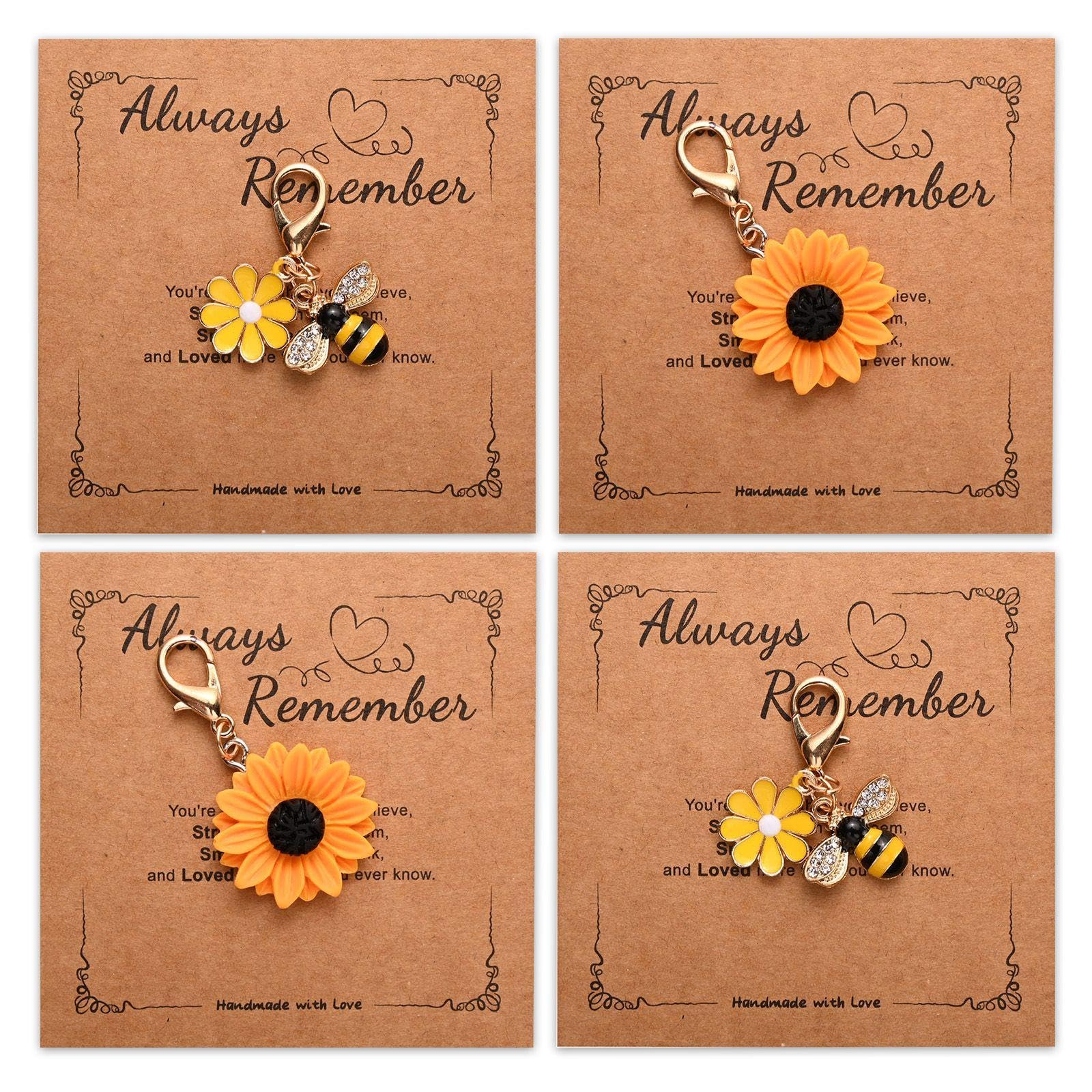 4 Pieces Of Sunflower Bee Pendant, With Blessing Card, Creative Car Keychain, Backpack Decoration Pendant, Thanksgiving Gift.