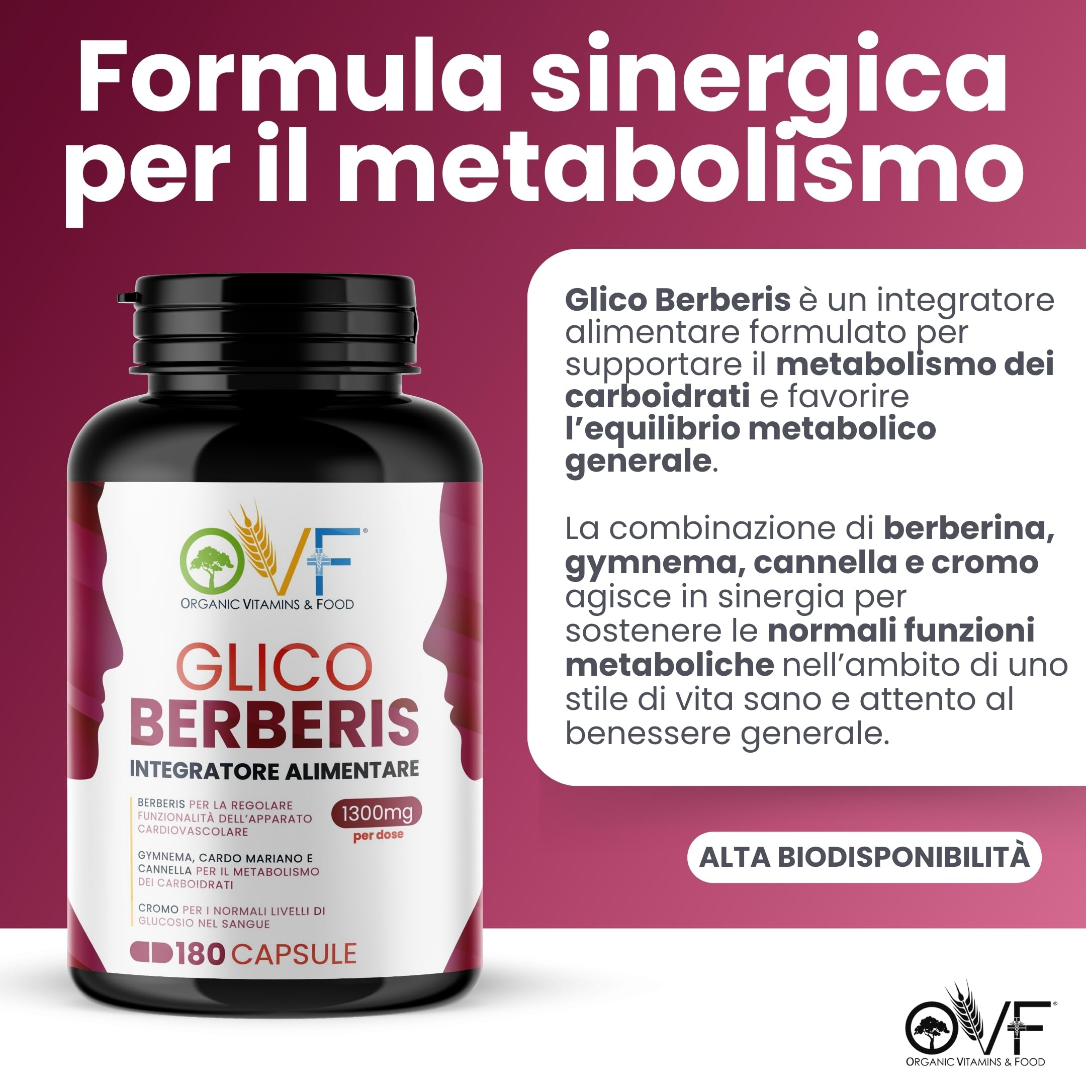 OVF Glico Berberis 180 cps Integratore Alimentare con Berberina, Acido Alfa Lipoico, Gymnema, Cardo Mariano, Cromo e Cannella Supporta Metabolismo e Favorisce la Funzionalità Cardiovascolare