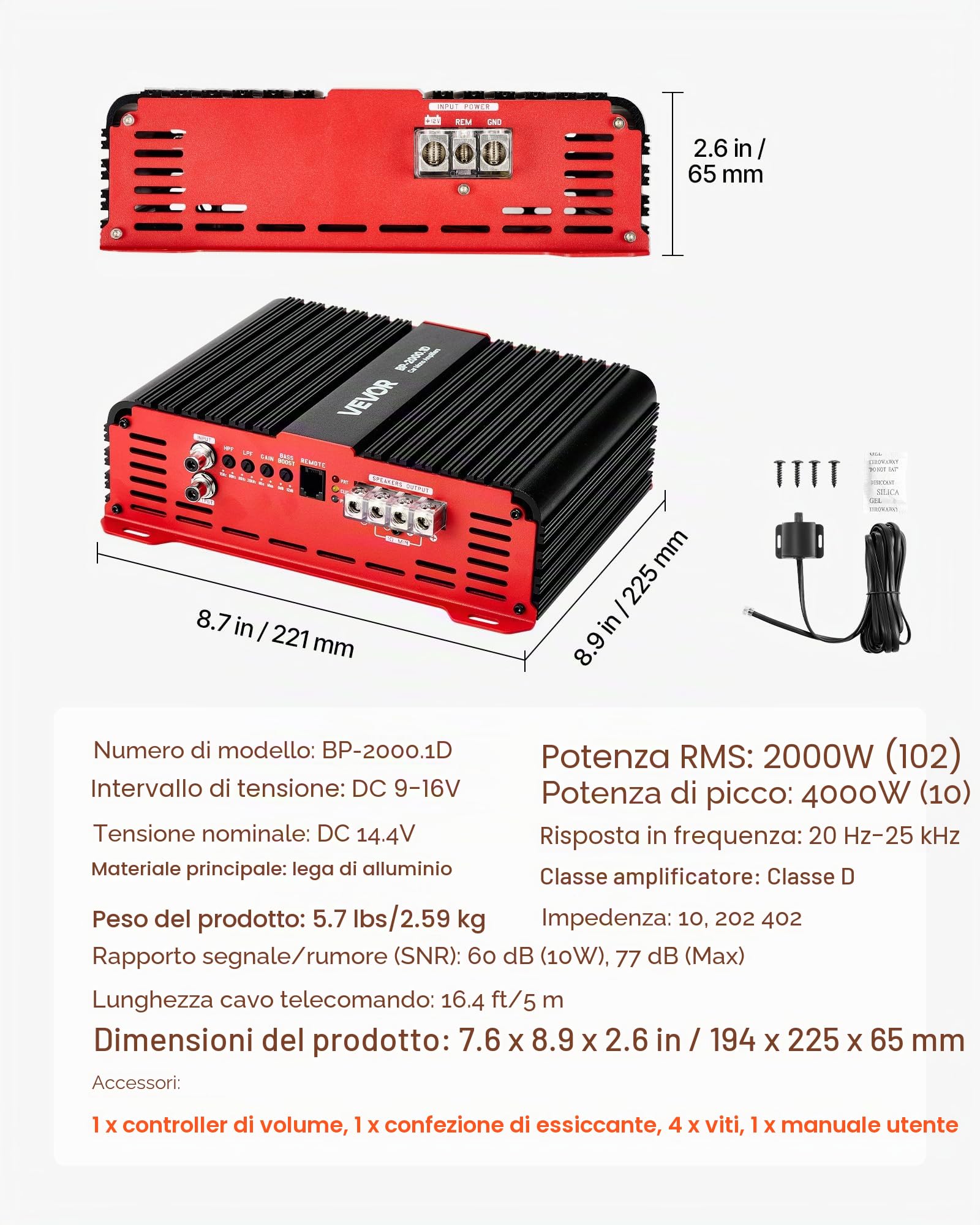 VEVOR Amplificatore Monoblocco per Auto Classe D con Controllo Remoto del Livello del Subwoofer 2000 W, Filtro Passa-Basso, Potenziamento dei Bassi, Spostamento di Fase, Controllo del Volume