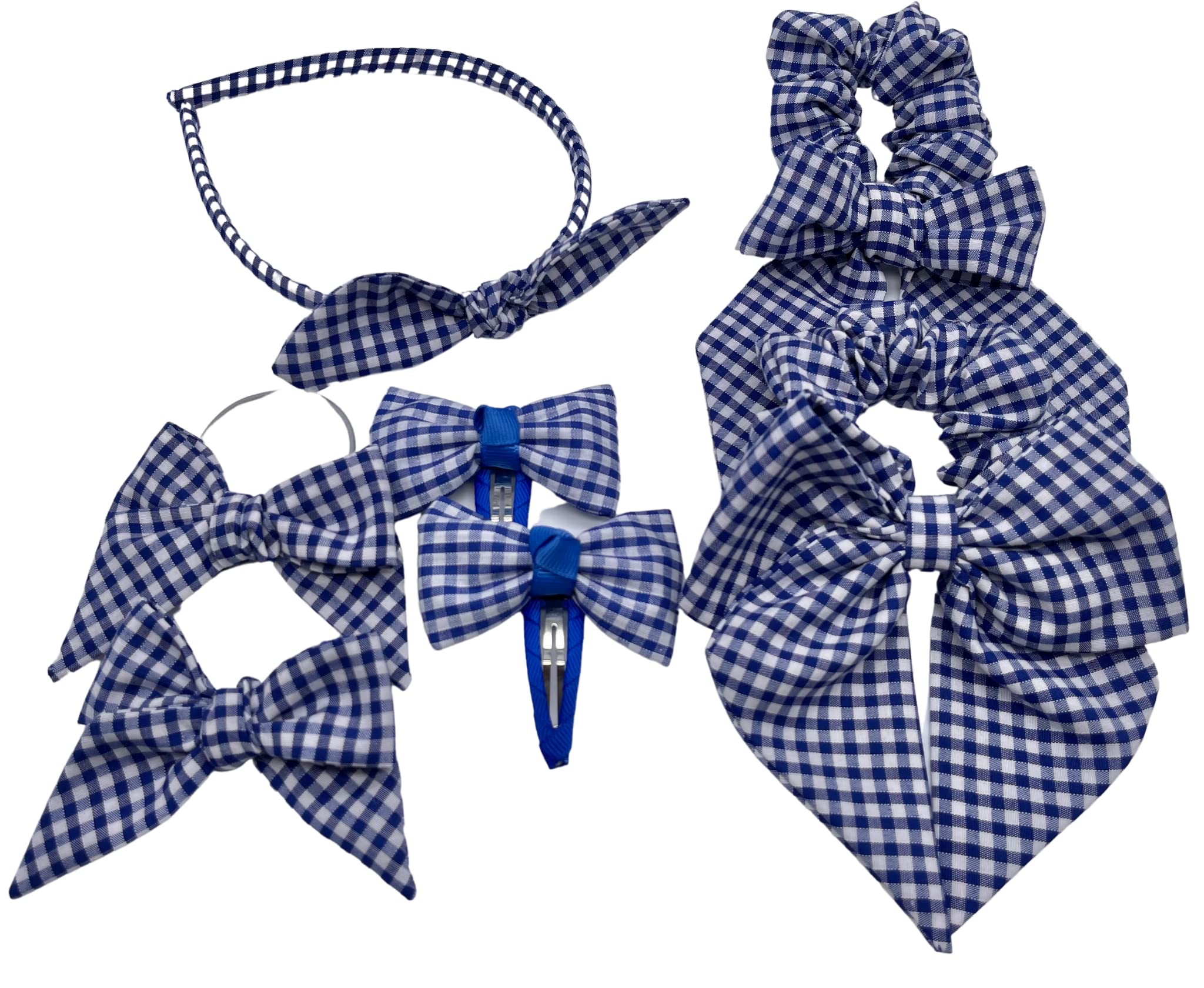 7 Piece Gingham Hair Accessories Set Bundle| School Uniform| 5 Amazing Colours| Gift for kids| school hair bows (Royal Blue)
