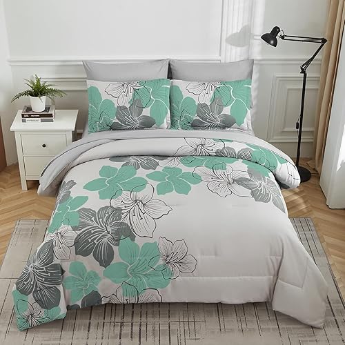 Miniatura 6 de Luxudecor Juego de edredón floral tamaño King, edredón de microfibra suave con patrón floral verde, 7 piezas en una bolsa (1 edredón, 2 fundas de