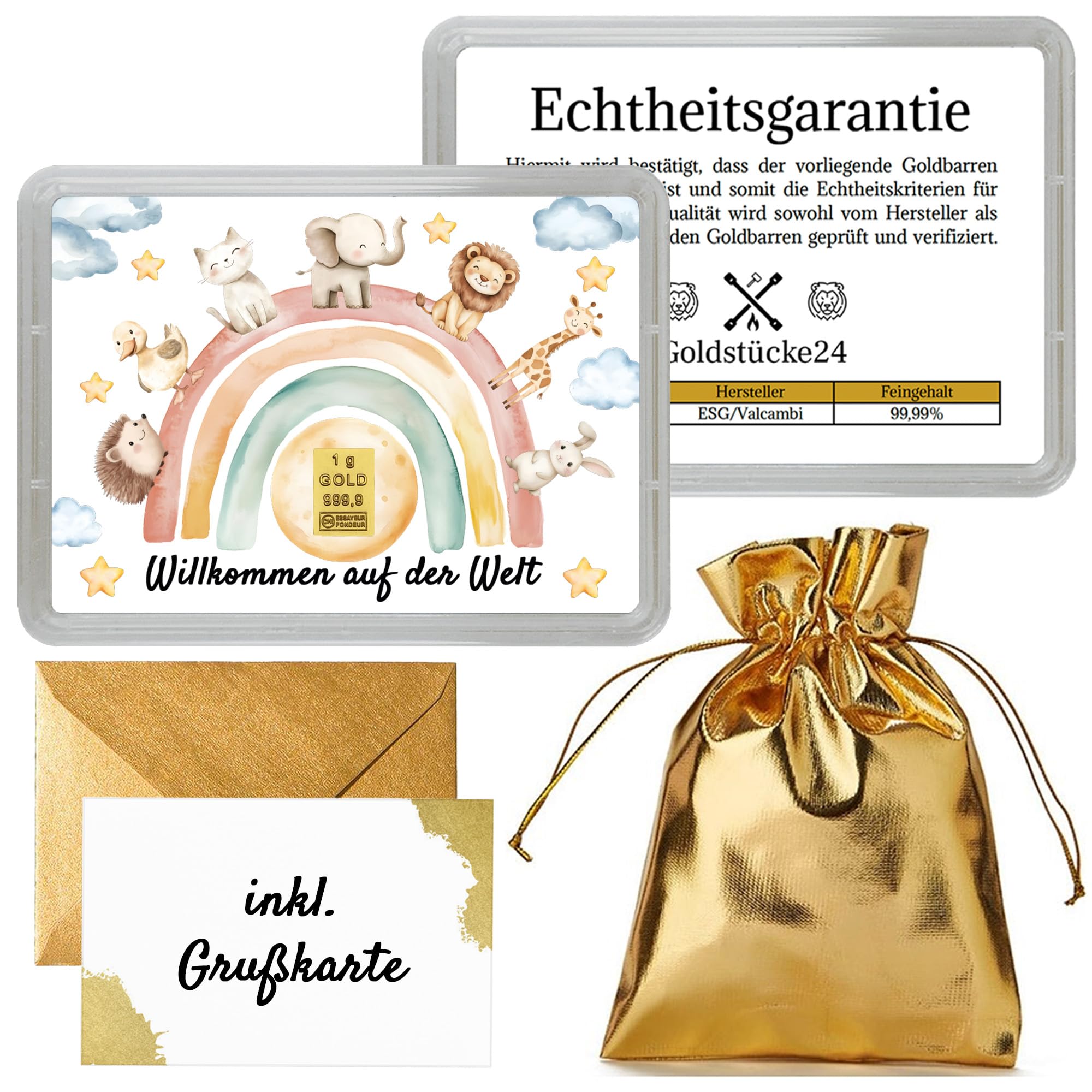 Motivbox zur Geburt mit Goldbarren – „Willkommen auf der Welt“ – niedliche Tiermotive – Echtheitsgarantie von Goldstücke24 – Geschenkidee für Neugeborene mit Grußkarte & Geschenkbeutel (1g Gold)