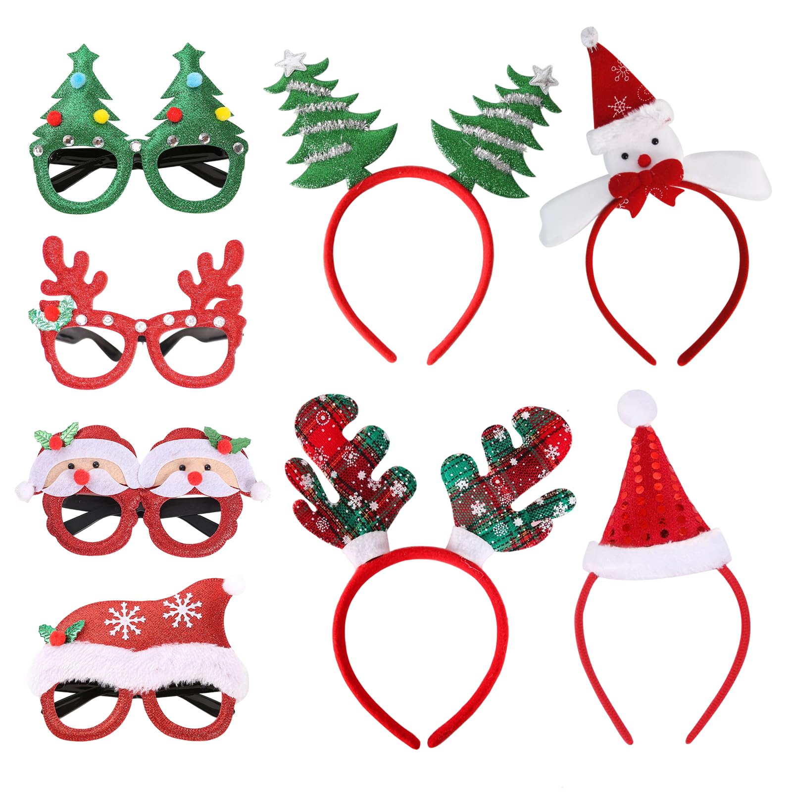 4 Christmas Headbands 4 Christmas Glasses for Kids Adults, Christmas Hair Accessories Reindeer Antlers Snowman Christmas Hat Headwear, Christmas Fancy Dress Costume Party Props Favours