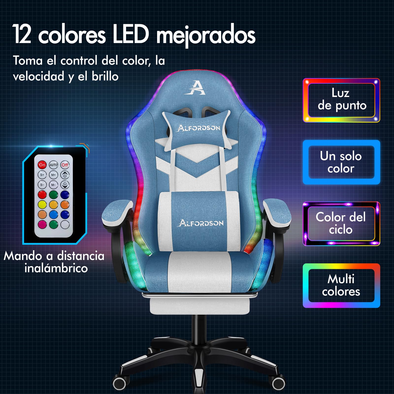 ALFORDSON Silla Gaming con Masaje y LED, Silla Gamer Ergonómica con Cojín Lumbar y Cervical, Reposapiés Telescópico, Iluminación para Ordenador, Videojuego, Juegos, Oficina, Lino(Azul y Blanca)