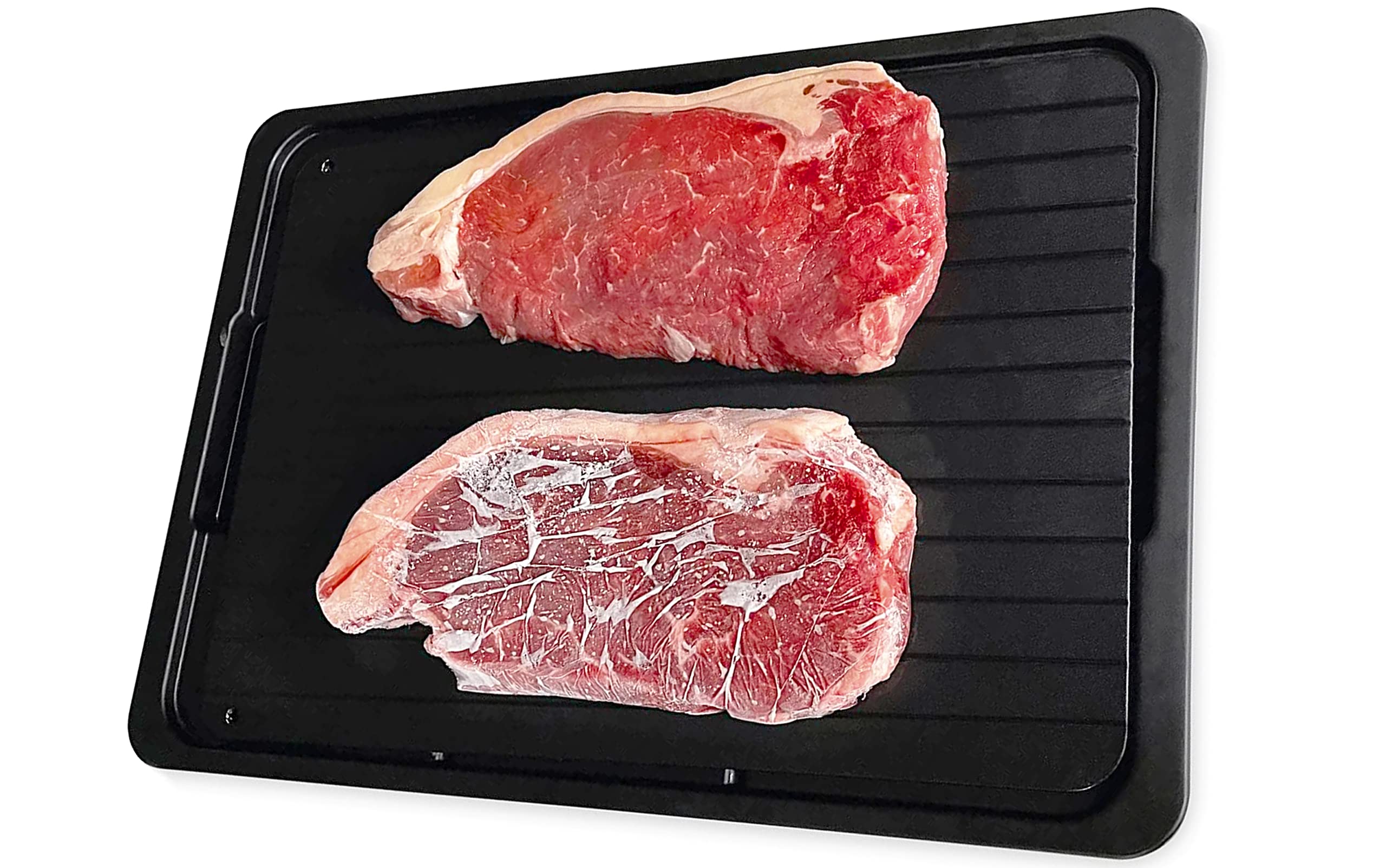 Andrew James Black Defrost Tray Thaw Board Plate | Up To 5 Times Faster Defrosting For Meat And Frozen Foods | No Electricity Required (With Drip Tray)