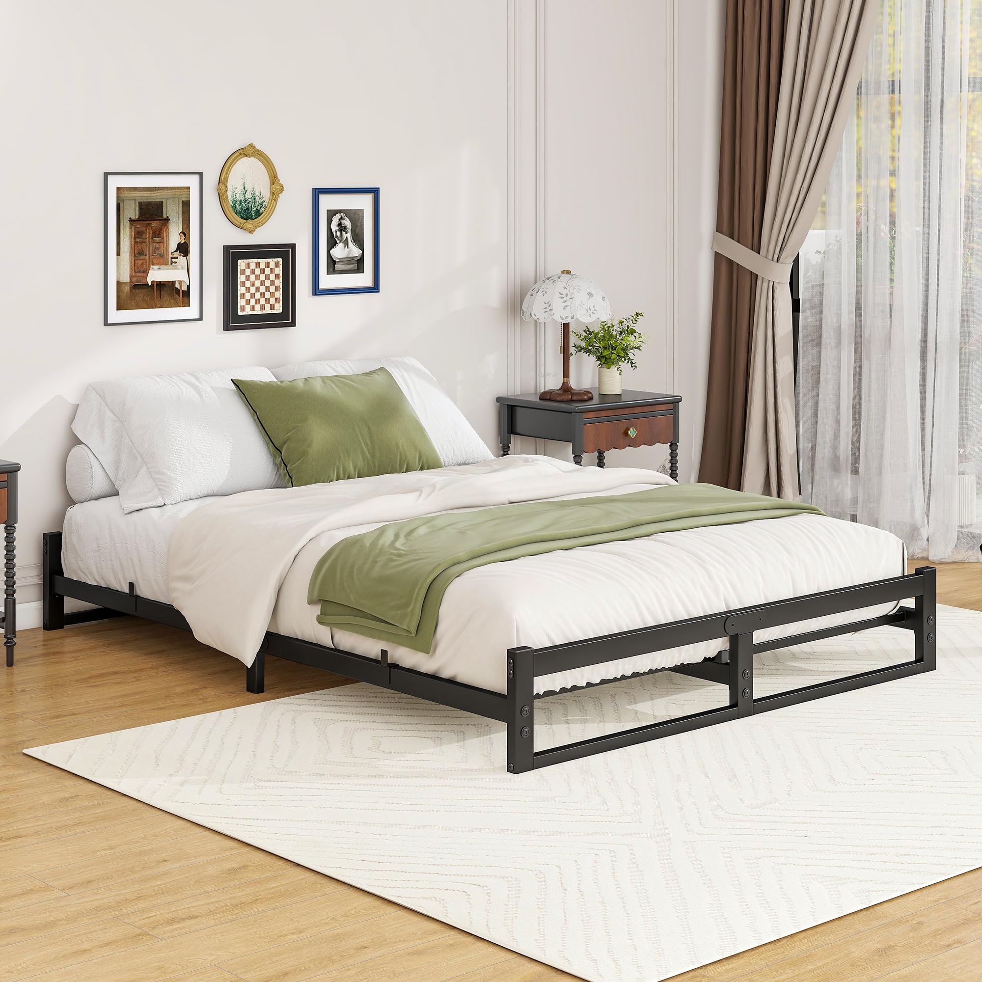 Bed 140 x 200 cm, Bed Frame 140 x 200 cm with Metal Slatted Frame, Metal Bed 140 x 200 cm with Storage Space 16 cm High, Guest Bed Double Bed, No Box Spring Bed Required, Black Bed Frame