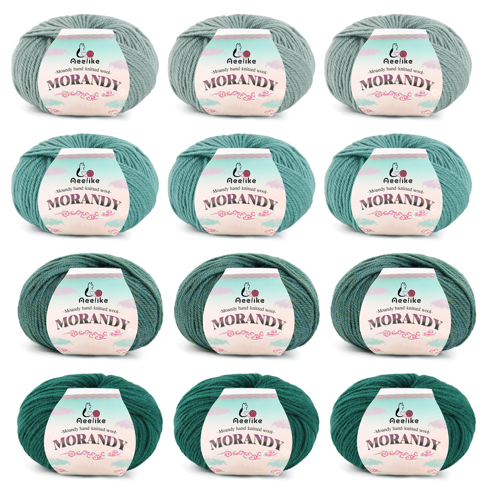 Aeelike Schurwolle (Merino) Wolle zum Häkeln, Stricken, 12 Wollknäuel, Weiche Garnknäuel, 1800 m, Mehrfarbiges Garn-Set für Bastelarbeiten, Schals, Decken und Pullover, Grün