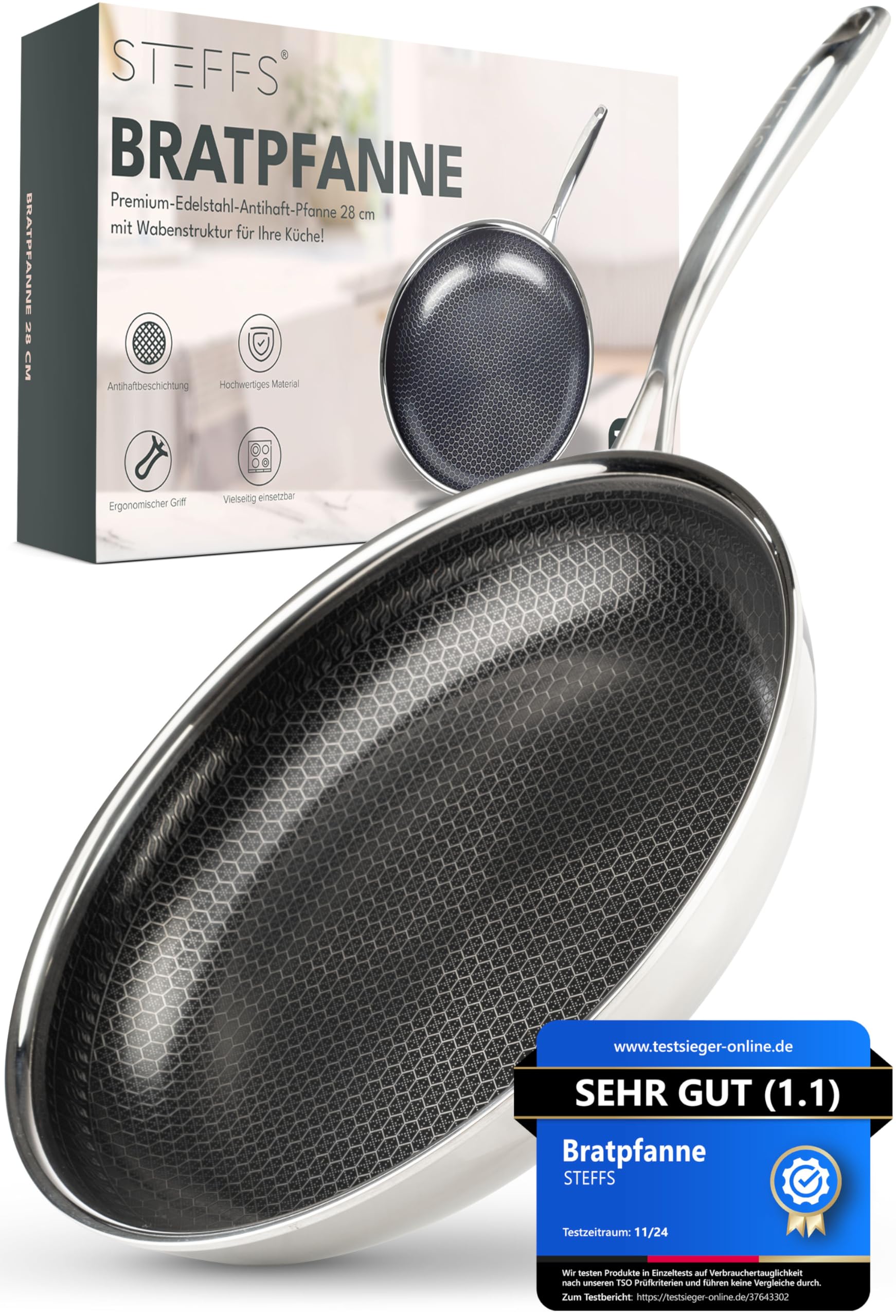 STEFFS® BRATPFANNE mit Waben 28 cm kratzfeste Antihaft Beschichtung - Pfanne alle Herdarten einfache Reinigung Geschenkidee perfekte Bratergebnisse ofenfest Induktion ergonomischer Griff