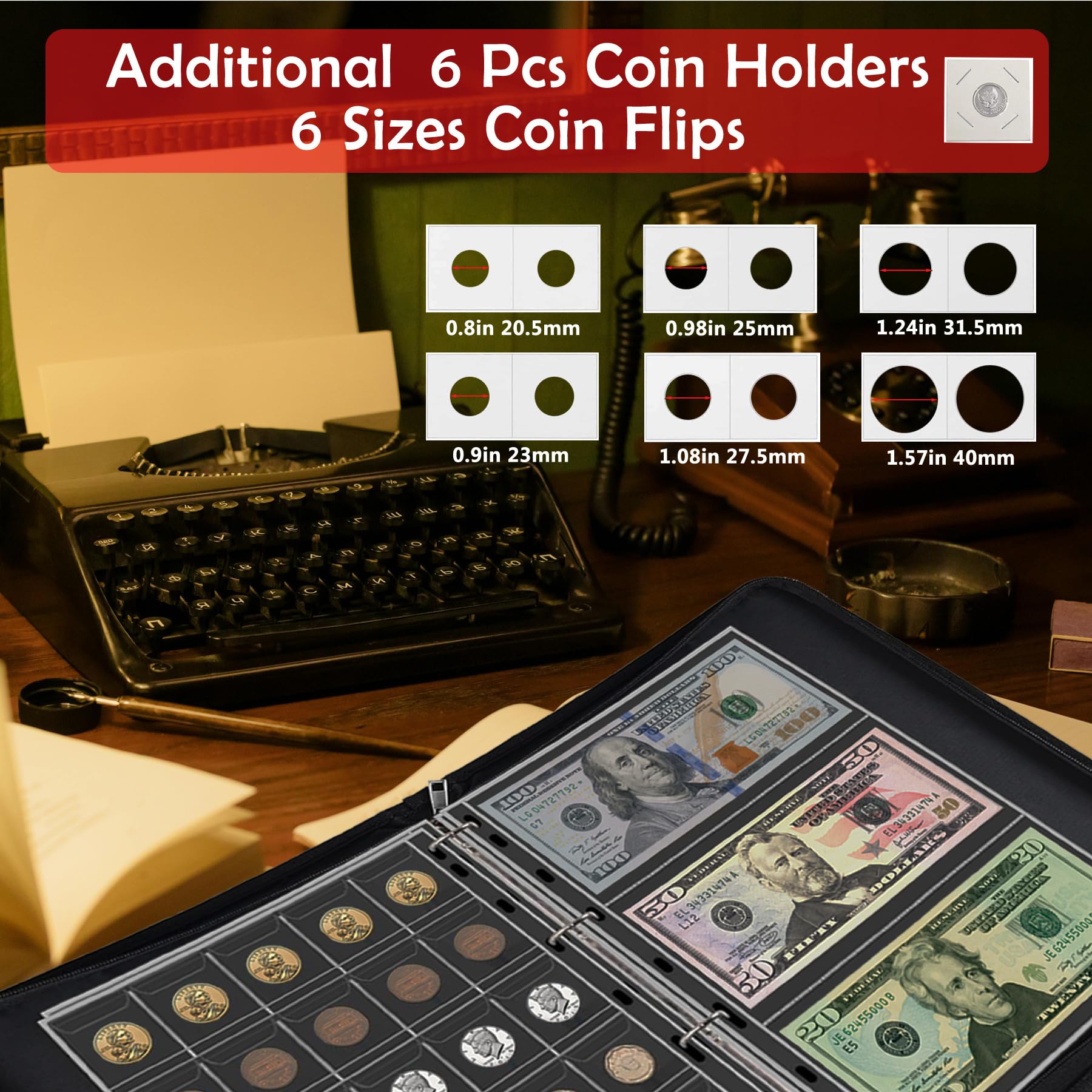 Fireproof Coin Collection Book Holder for Collectors,400 Pockets Fireproof Coin Holder Book & 36 Paper Currency Binder Sleeves, Coin Storage Collecting Organizer for Pennies,Bill,Tokens,Badges