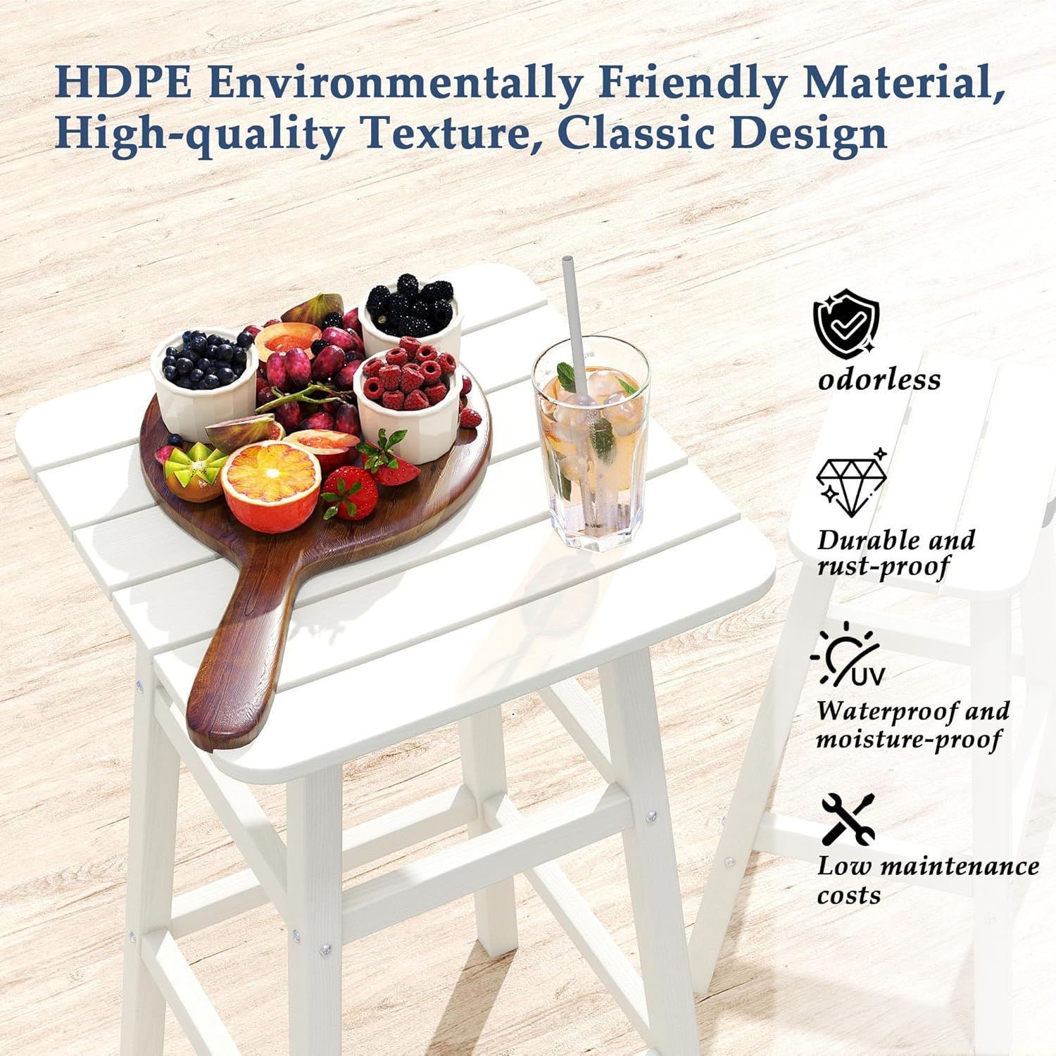 3-Piece Outdoor High Table Set, 42" Pub & Bistro Table with 2 Stools, HDPE Weather Resistant for Patio/Backyard/Garden/Poolside, White