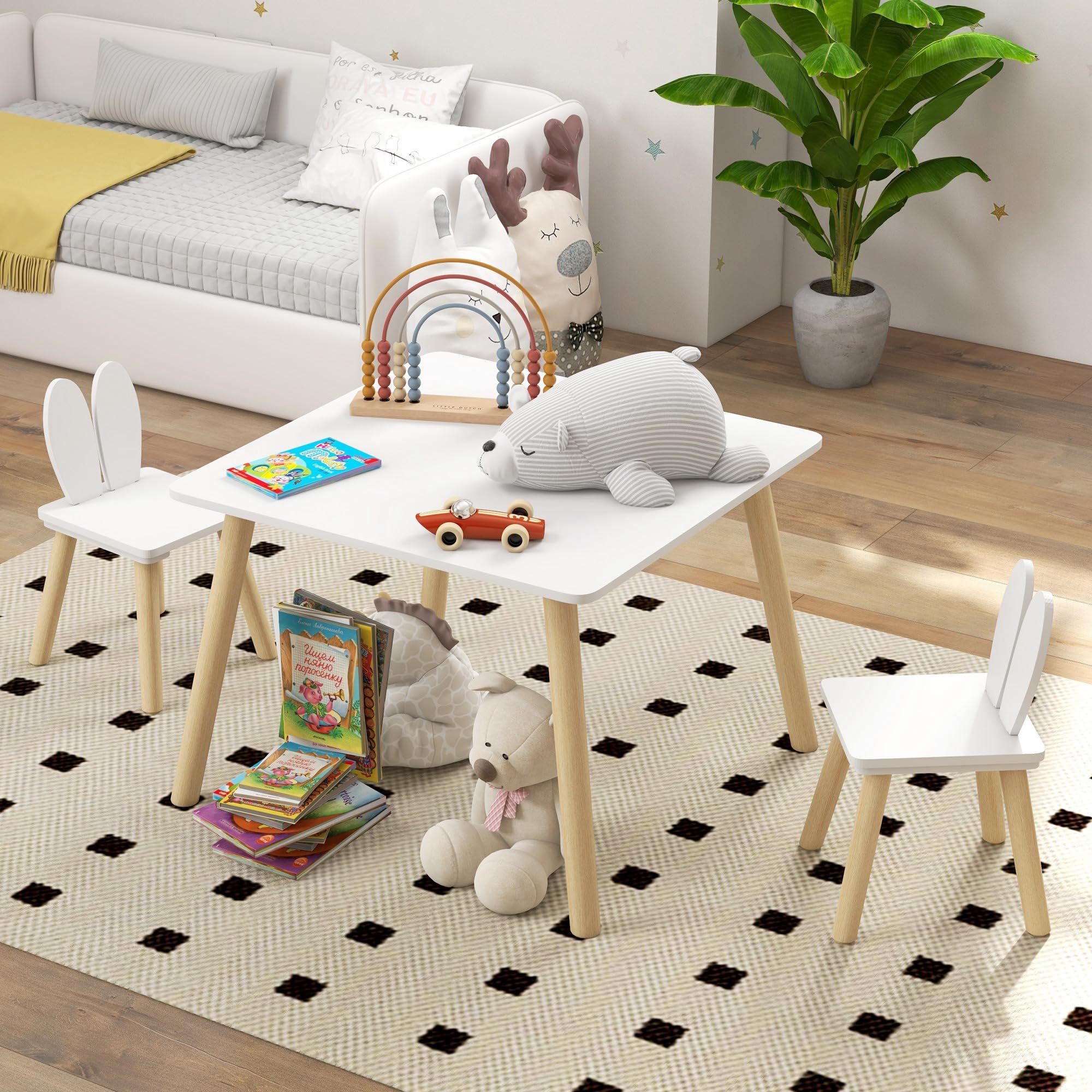 AIYAPLAY Ensemble Table et 2 chaises Enfant Table pour Enfant avec 2 chaises Design scandinave Motif Oreille de Lapin Bois pin Blanc