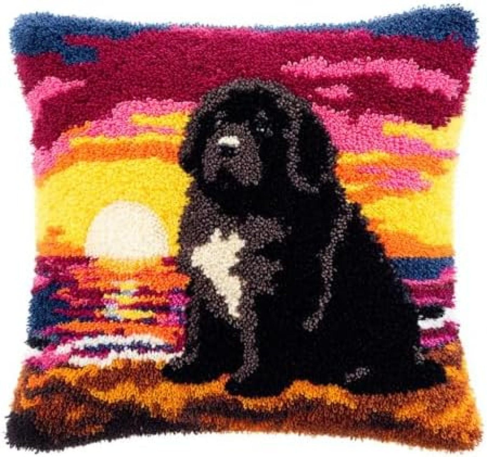 kitphoenix DIY Latch Hook Cushion Kit Dog Sit and Sunset,Beginner-Friendly Rug Hooking Pillow Kit,Crochet Craft Cushion Cover for Home Decor,43x43 cm-3