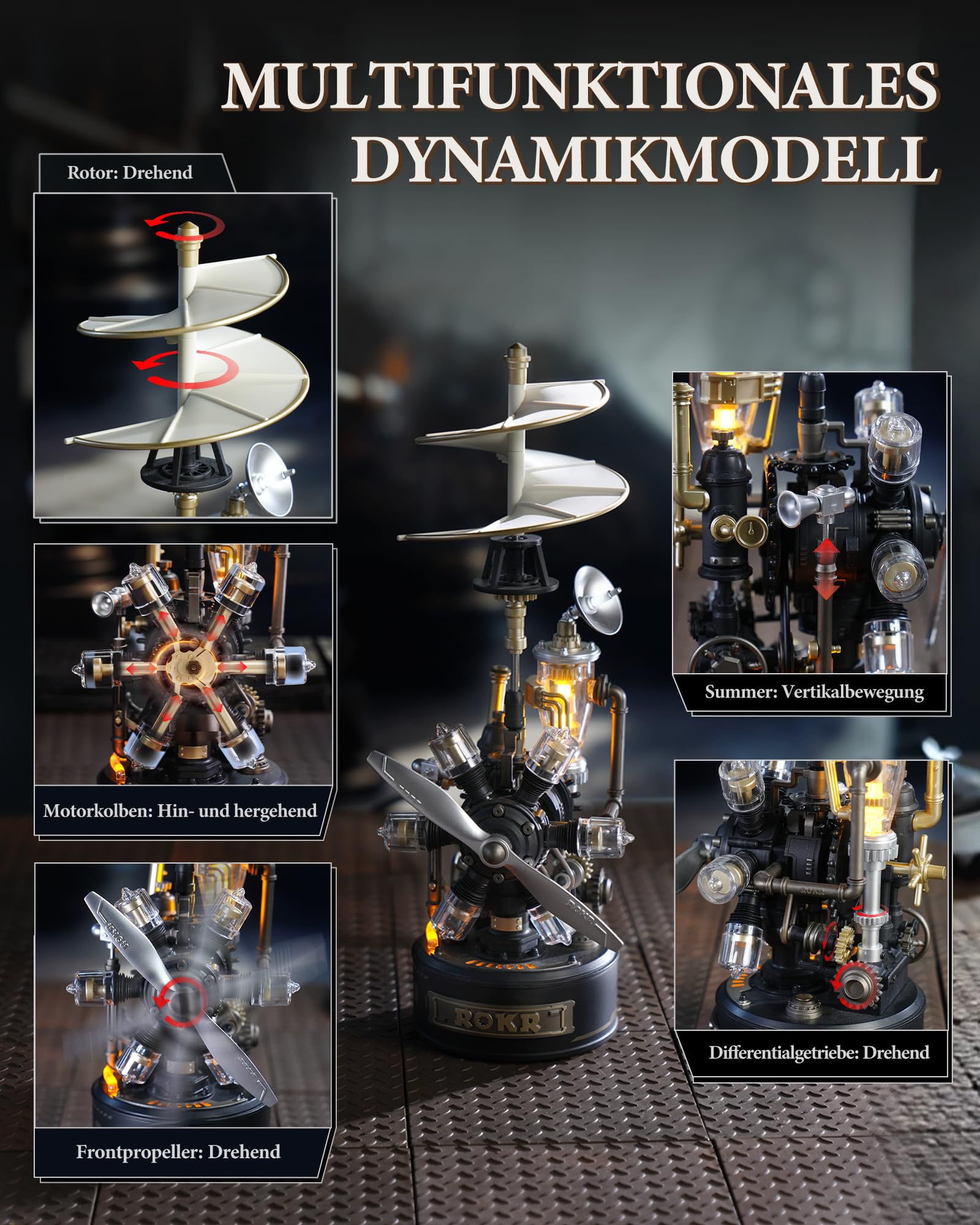 ROKR 3D Puzzle Rotierender Hubschrauber Kunststoff Metall Modelle Bausätze Erwachsene, DIY-Bastelgeschenke Industriestadt (Retro Helicopter)