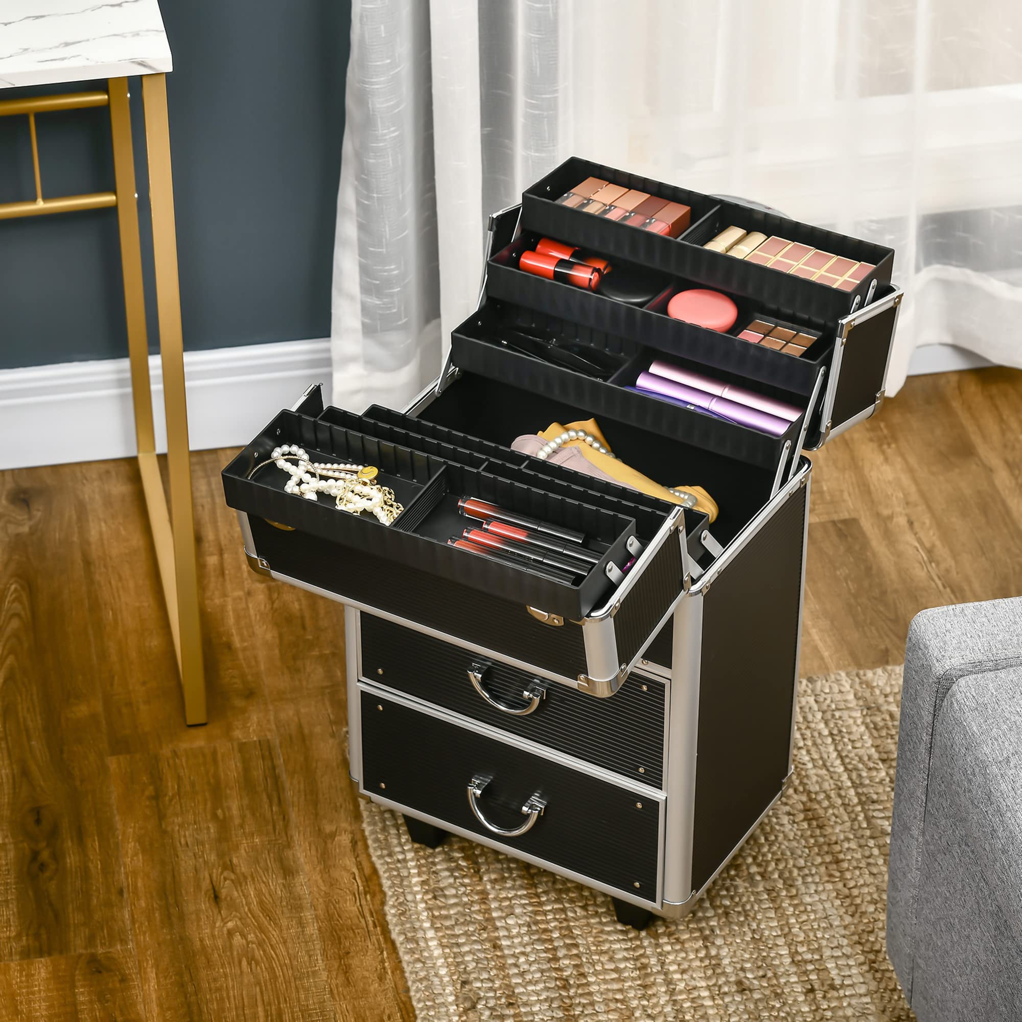 HOMCOM Maletín de Maquillaje Profesional Estuche para Cosméticos con Ruedas Maleta de Maquillaje con 6 Cajones Extensibles Cerradura 2 Llaves y Asa Retráctil 36x23x58 cm Negro