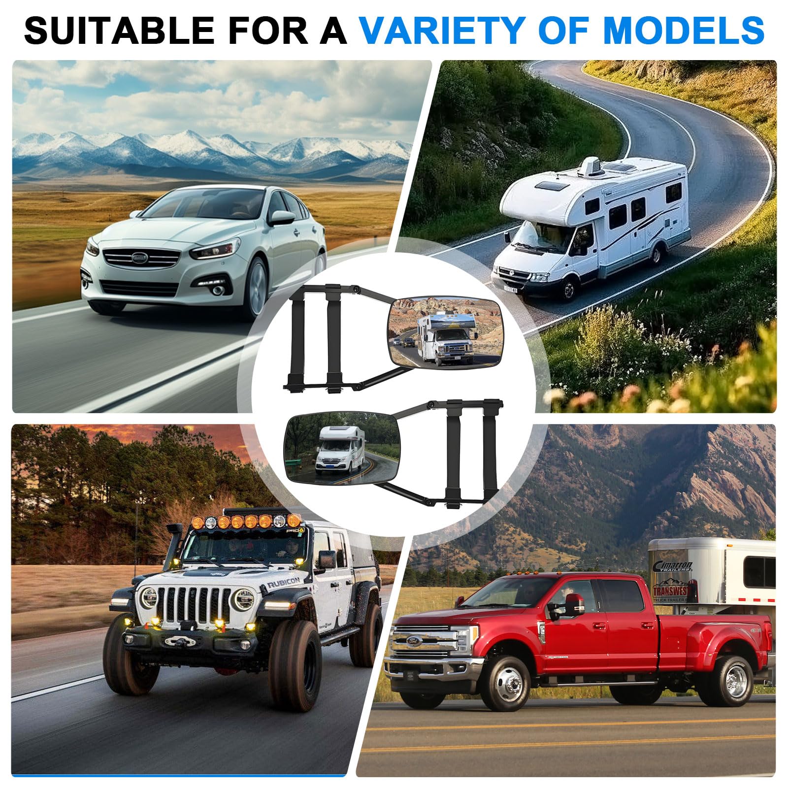 2 pezzi universali per roulotte, specchi, per roulotte e roulotte, con cinghia a moschettone, specchietto retrovisore esterno, per tutti i tipi di veicoli comuni