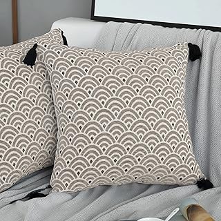KOUFALL Housses de Coussin Beige 45x45 cm Lot de 2 Décoratif Géométrique Canevas Lin Motif Moderne Toile Coton Taie d'oreiller de Canapé Lit Maison Salon Chambre Vintage écru Crème Gris et Blanc
