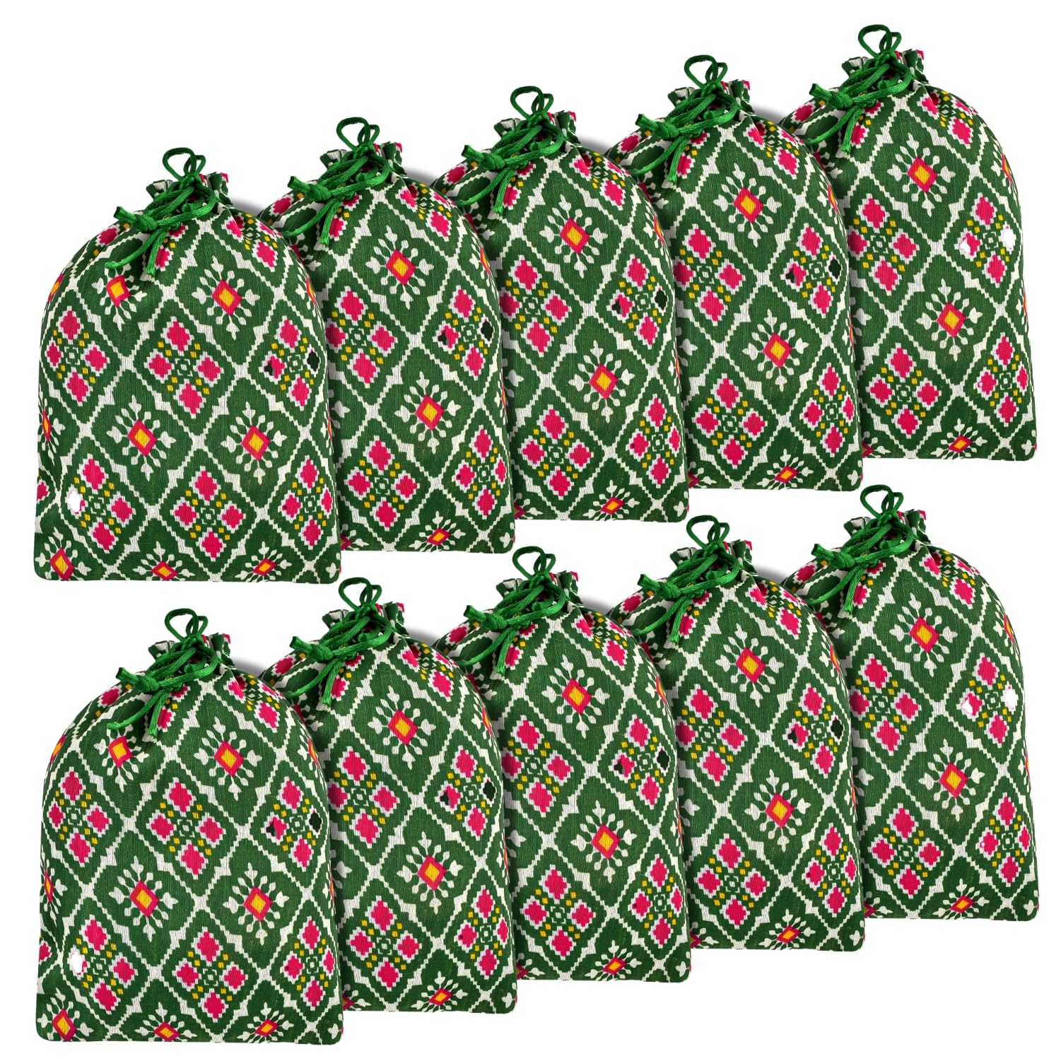 Kuber Industries Potli | Silk Wedding Potli | Drawstring Closure Potli | Wallet Potli | Christmas Gift Potli | Baby Shower Potli | Medium-Patola-Print Potli | 7x9 Inch | Pack of 10 | Green-picture-35