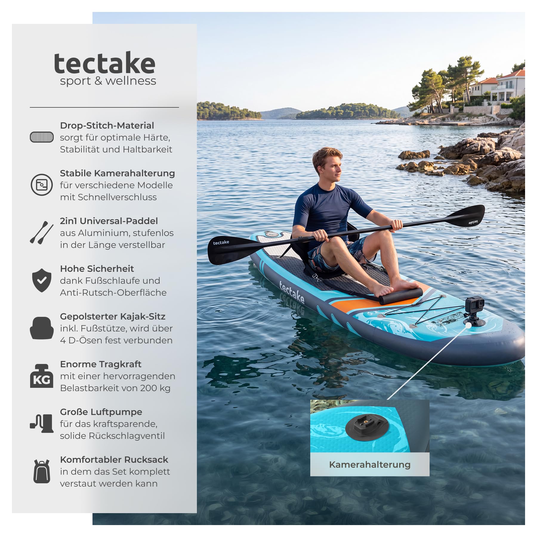 tectake® Stand Up Paddle Board, aufblasbar, Kajaksitz, mit Kamerahalterung