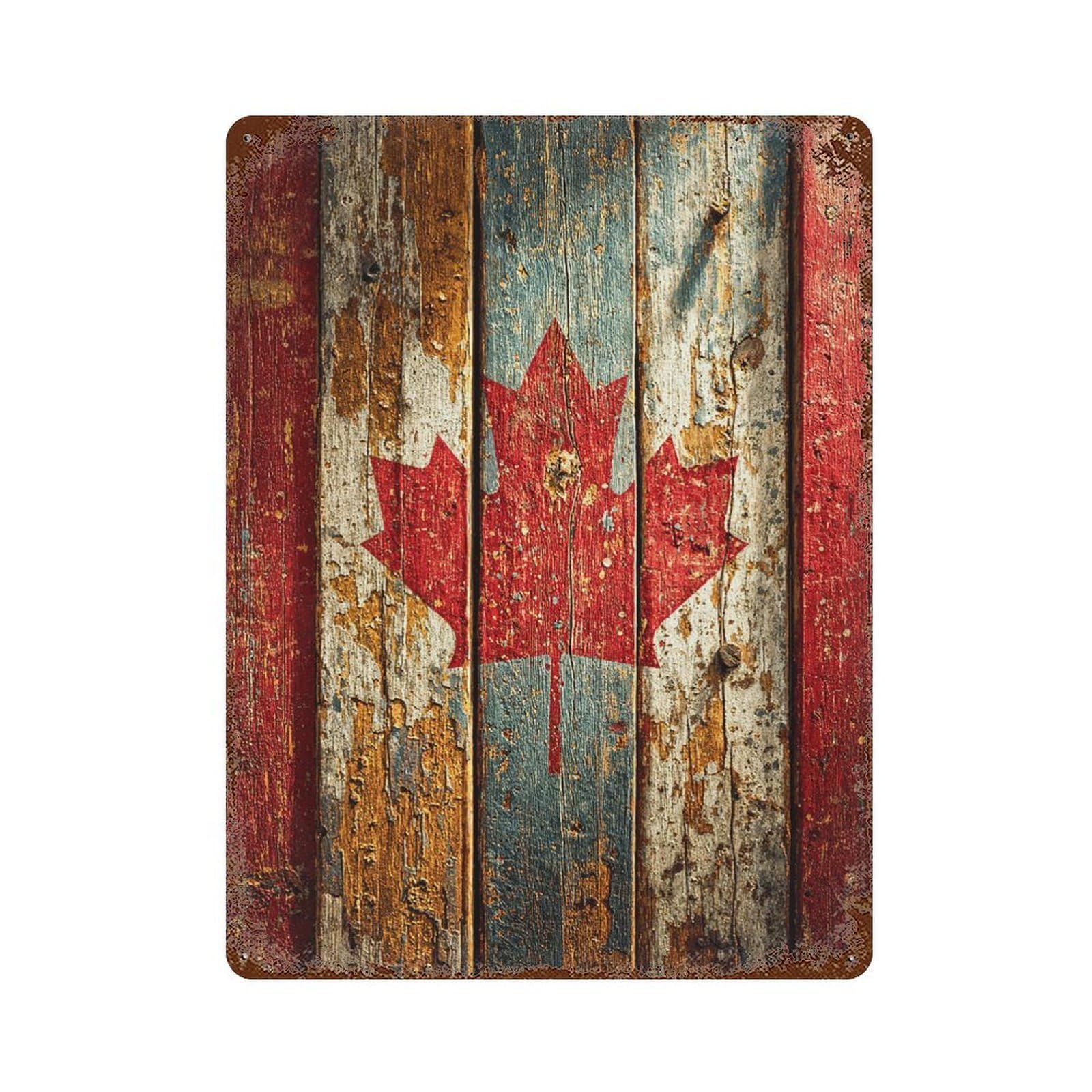 Vintage Canadian Flag on Wood Planks Rustic Tin Plaque 15.7"x11.8", Vintage Wall Decor for Garage, Pub Or Kitchen