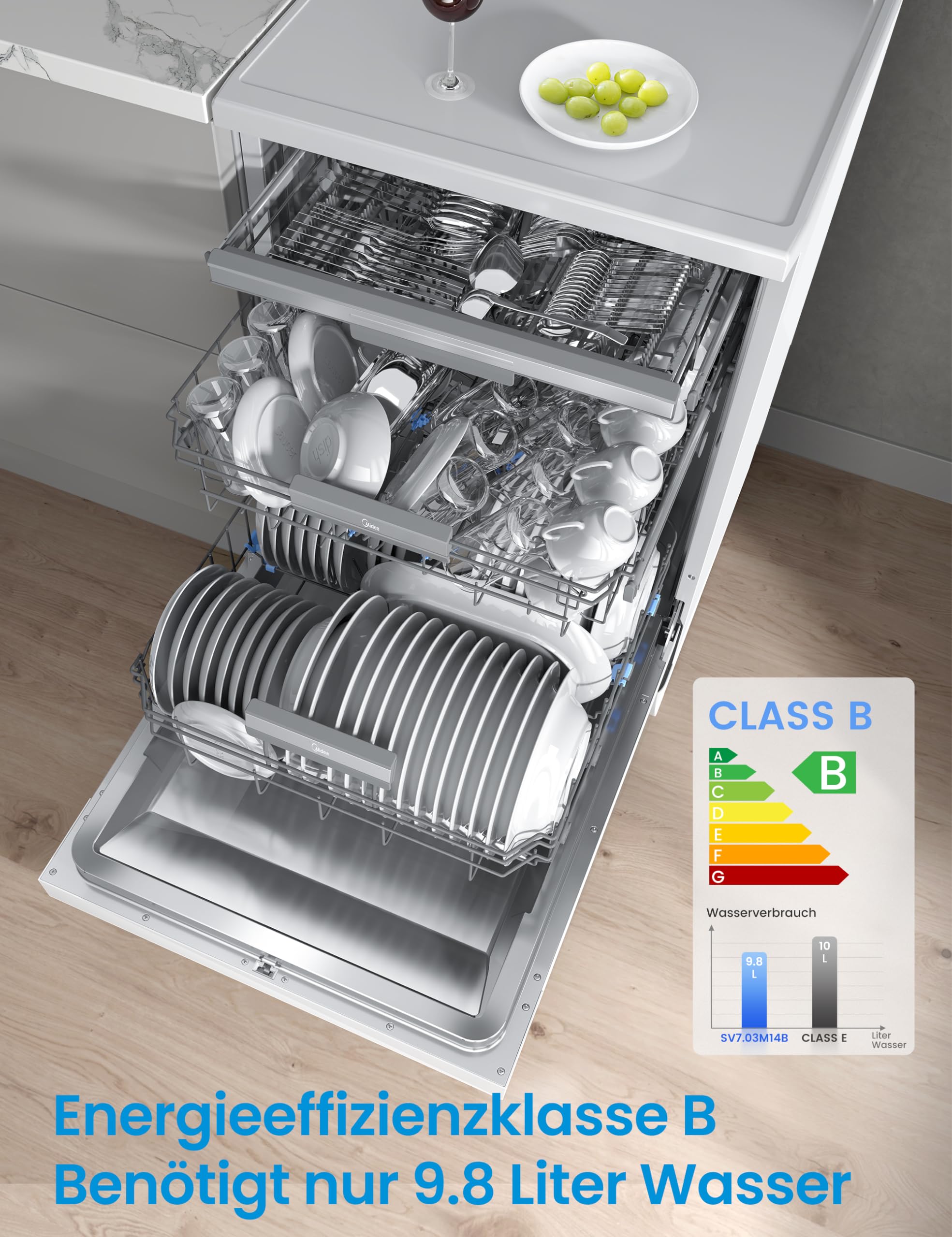 Midea SF 7.60NW14B Geschirrspüler 60cm Freistehend & Unterbaufähig, 14 Maßgedecke, 8 Programme, Spülmaschine 60 cm mit WiFi, 42 dB, Hygienepflege+, Dualzone Wash, Extra Trocknen