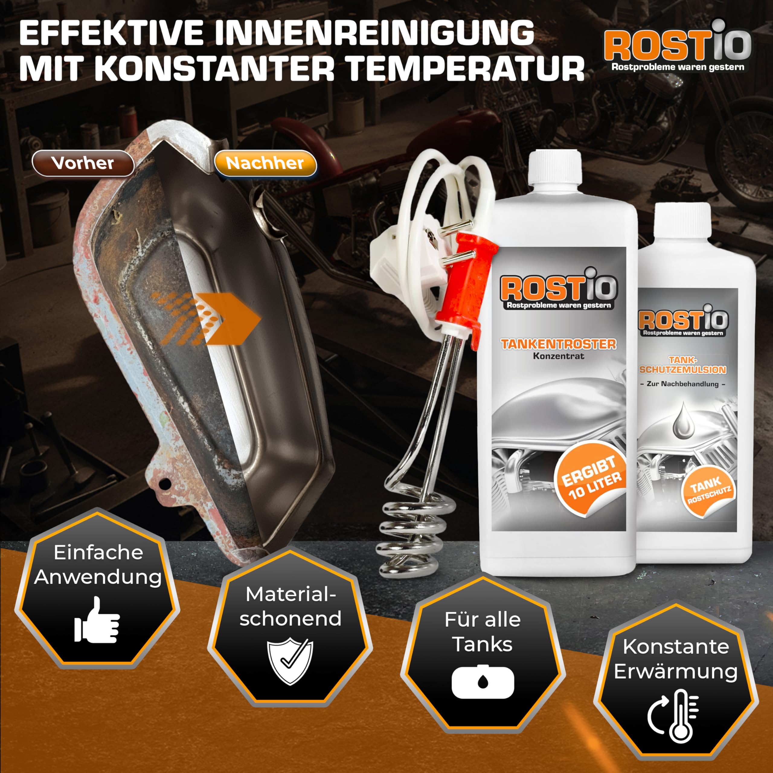 Rostio Tankentroster-Set 1L – inkl. Tank-Schutzemulsion 500 ml + Tauchsieder – hochergiebig (1 : 10) – für Tanks bis 10L – Rostentferner & Korrosionsschutz – Entrostung auch bei starkem Rost
