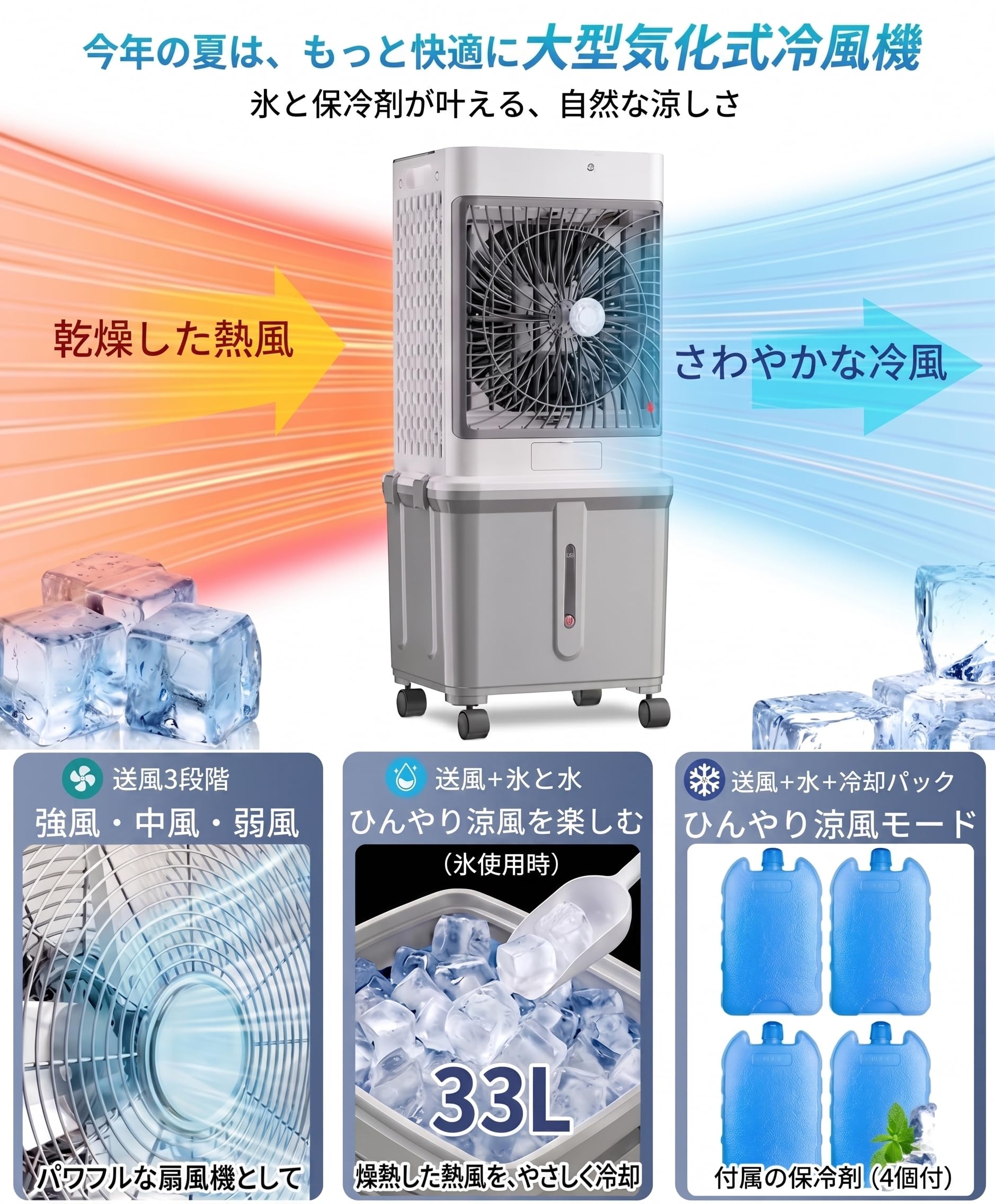 Amazon | 冷風機 冷風扇【2026年新大型気化式・冷風・空気浄化】33L大