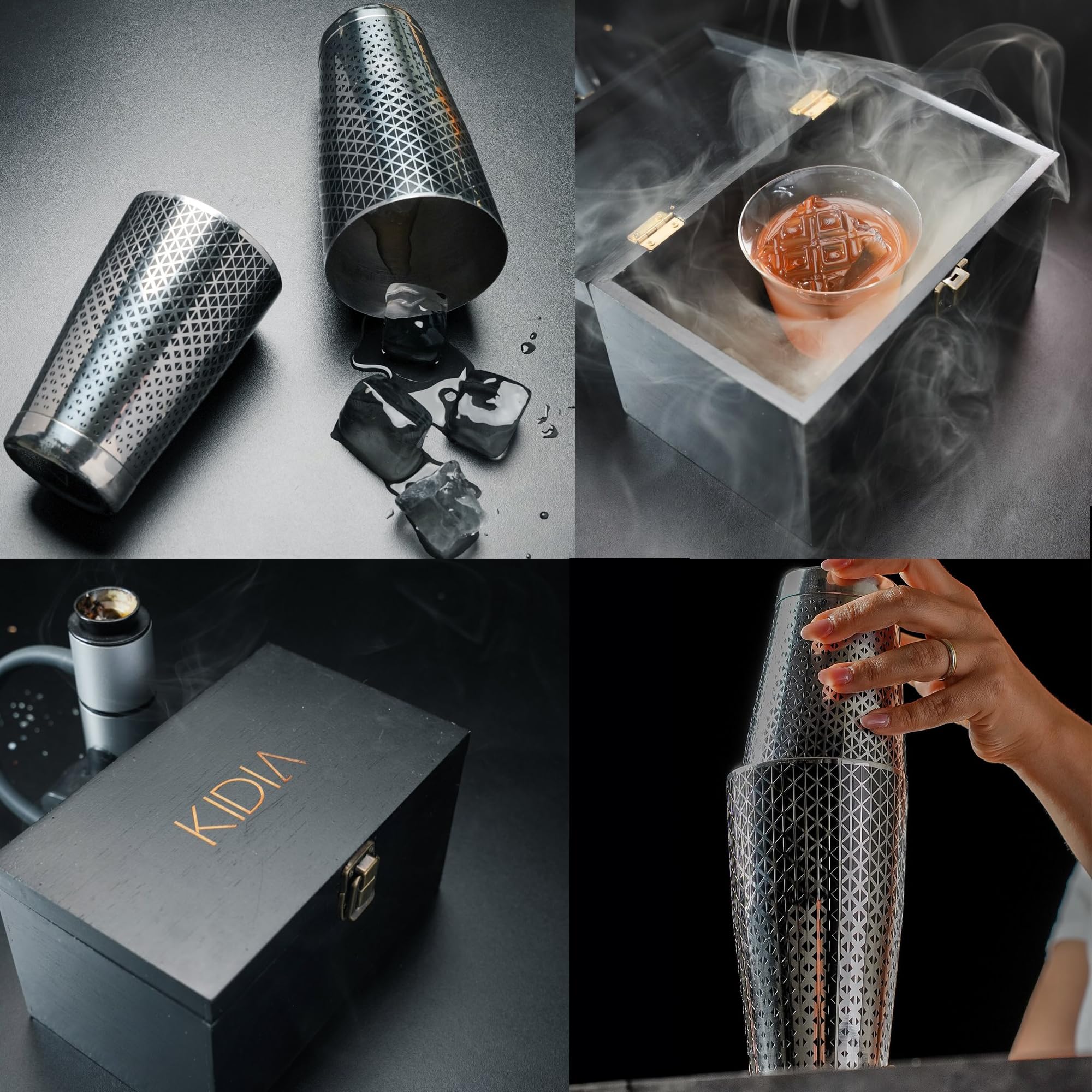 Kidia Boston Shaker Professionnel en Acier Inoxydable 304 avec Motif Géométrique Noir – Set 2 Tins 828 ml + 424 ml – Coffret en Bois Inclus – Kit Barman pour Cocktails, Bar (Classique)
